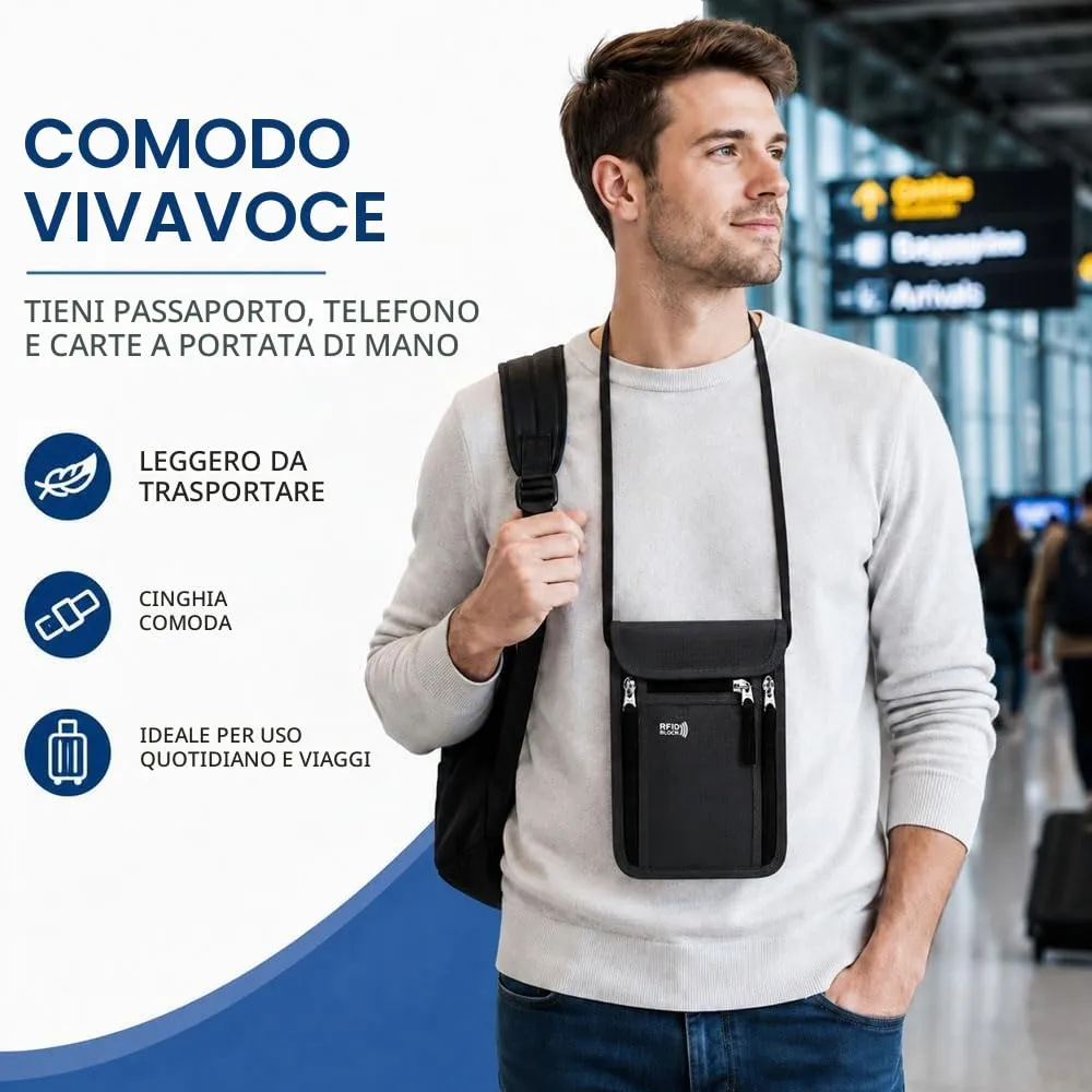 HMCEY Portadocumenti da Collo Viaggio,Porta Passaporto da Collo Impermeabile con Protezione RFID, Borsa Porta Telefono Regolabile,Borsa a Tracolla Sul Petto Uomo Donna per Denaro, Carte - Nero - immagine 6