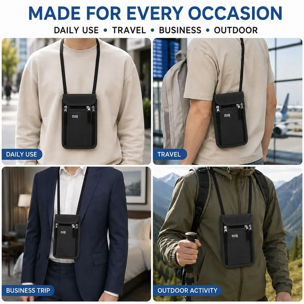 HMCEY Portadocumenti da Collo Viaggio,Porta Passaporto da Collo Impermeabile con Protezione RFID, Borsa Porta Telefono Regolabile,Borsa a Tracolla Sul Petto Uomo Donna per Denaro, Carte - Nero - immagine 7