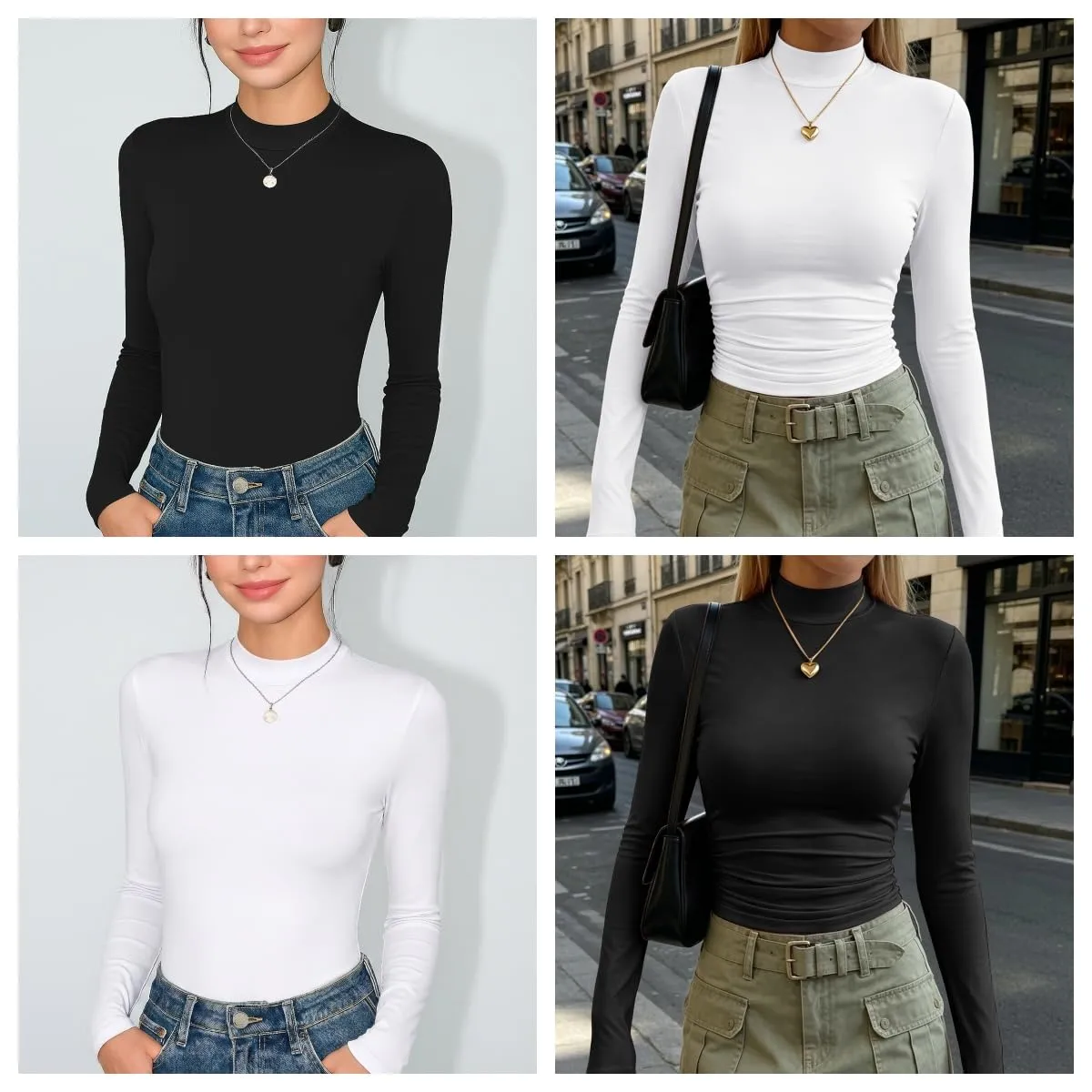 Zeagoo Maglia Termica Donna Collo Alto Dolcevita Manica Lunga Maglie Basic Z Nero e Bianco M - immagine 5