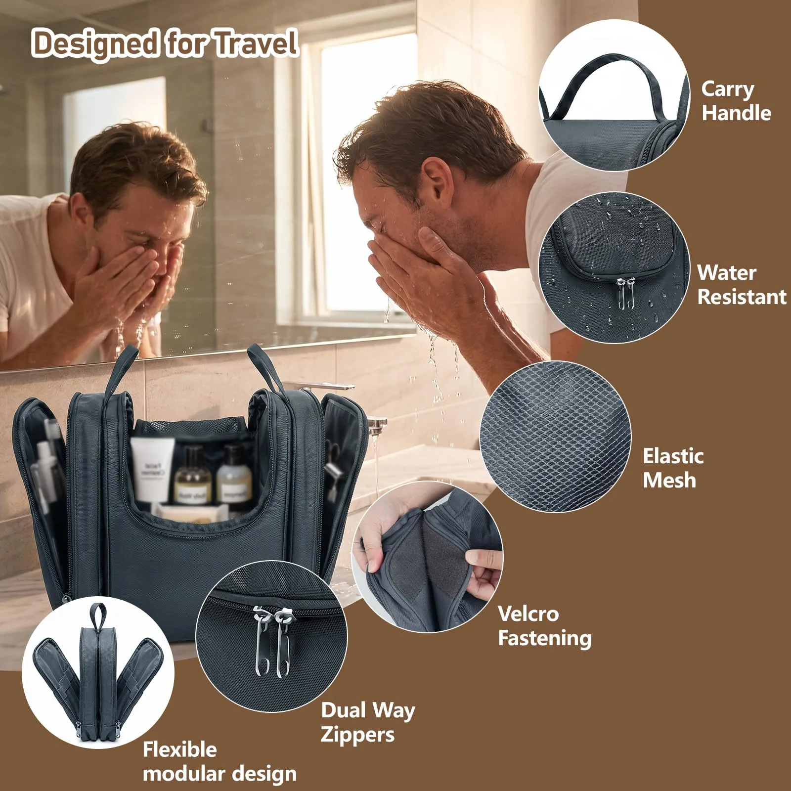 Borsa da toilette da appendere per uomini e donne, grigio, Minimalista - immagine 3