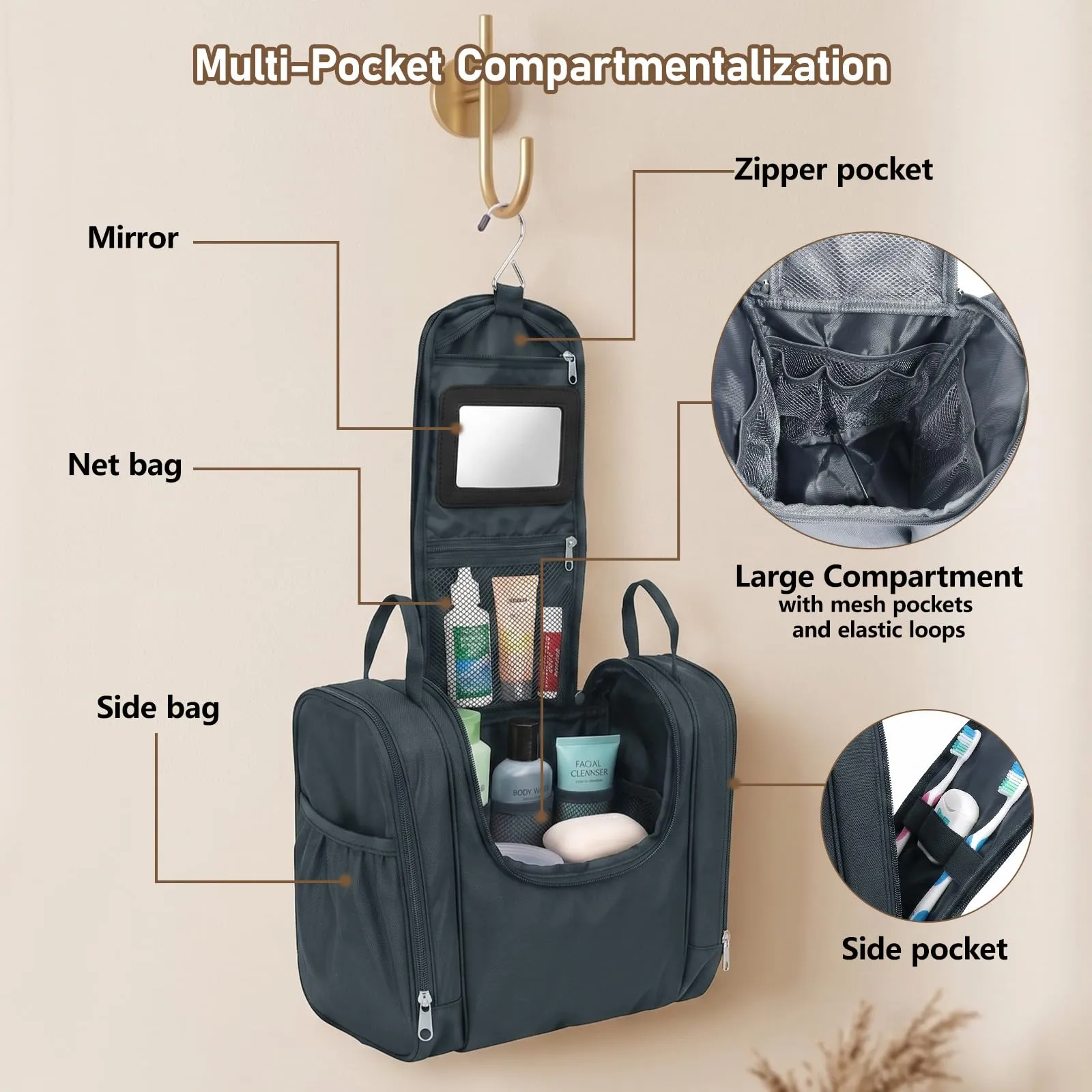 Borsa da toilette da appendere per uomini e donne, grigio, Minimalista - immagine 6