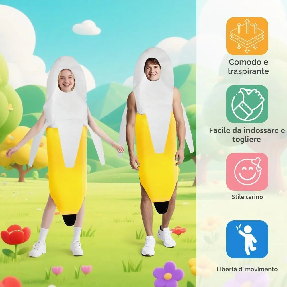 AYBUY Costume Banana per adulti, Costume divertente a forma di banana, Abbigliamento con banana sbucciata,Vestito Carnevale Frutta, per Uomo Donna Unisex, per feste a tema, Natale, cosplay,A - immagine 3