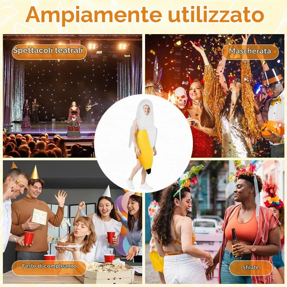 AYBUY Costume Banana per adulti, Costume divertente a forma di banana, Abbigliamento con banana sbucciata,Vestito Carnevale Frutta, per Uomo Donna Unisex, per feste a tema, Natale, cosplay,A - immagine 7