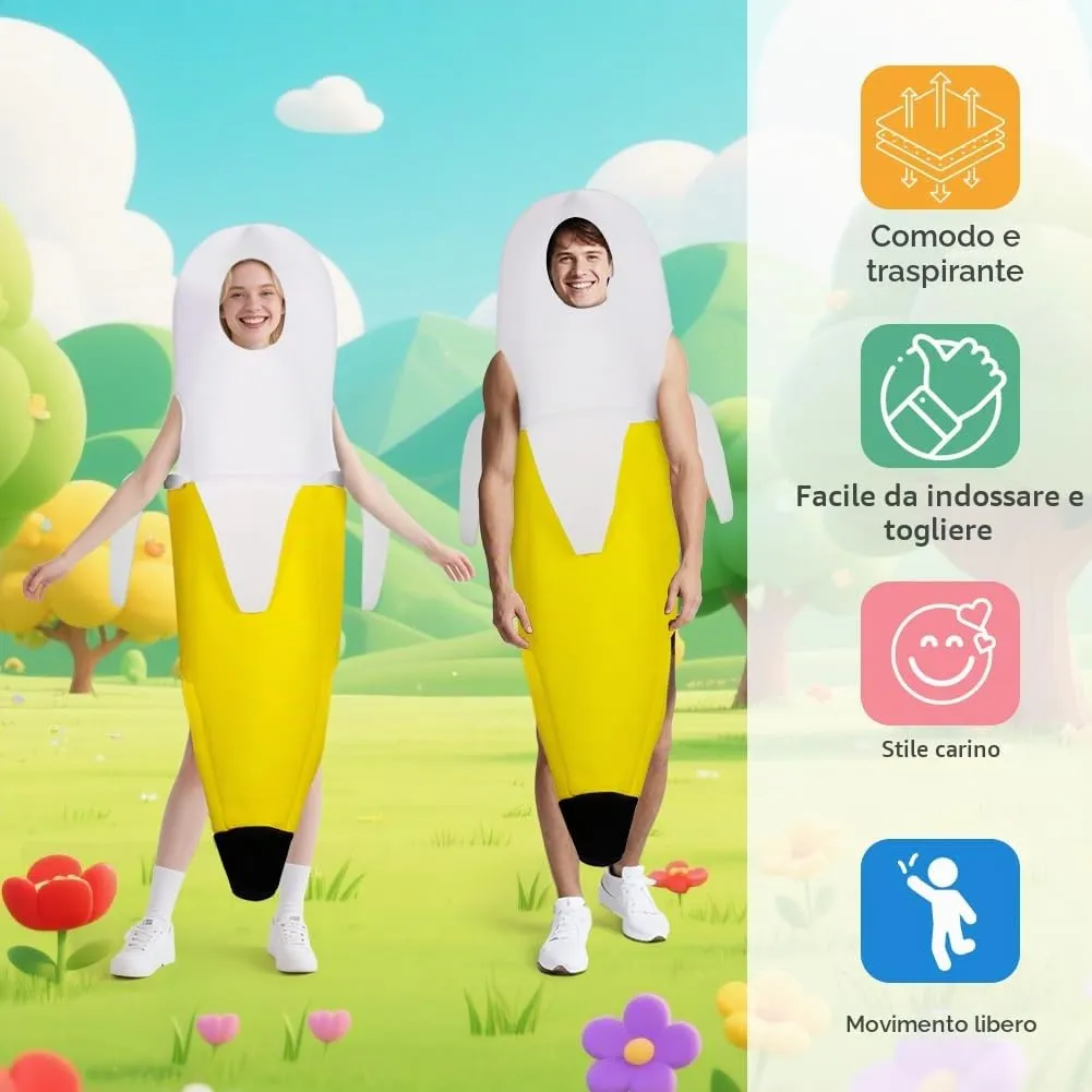 AYBUY Costume Banana per adulti, Costume divertente a forma di banana, Abbigliamento con banana sbucciata,Vestito Carnevale Frutta, per Uomo Donna Unisex, per feste a tema, Natale, cosplay,B - immagine 3