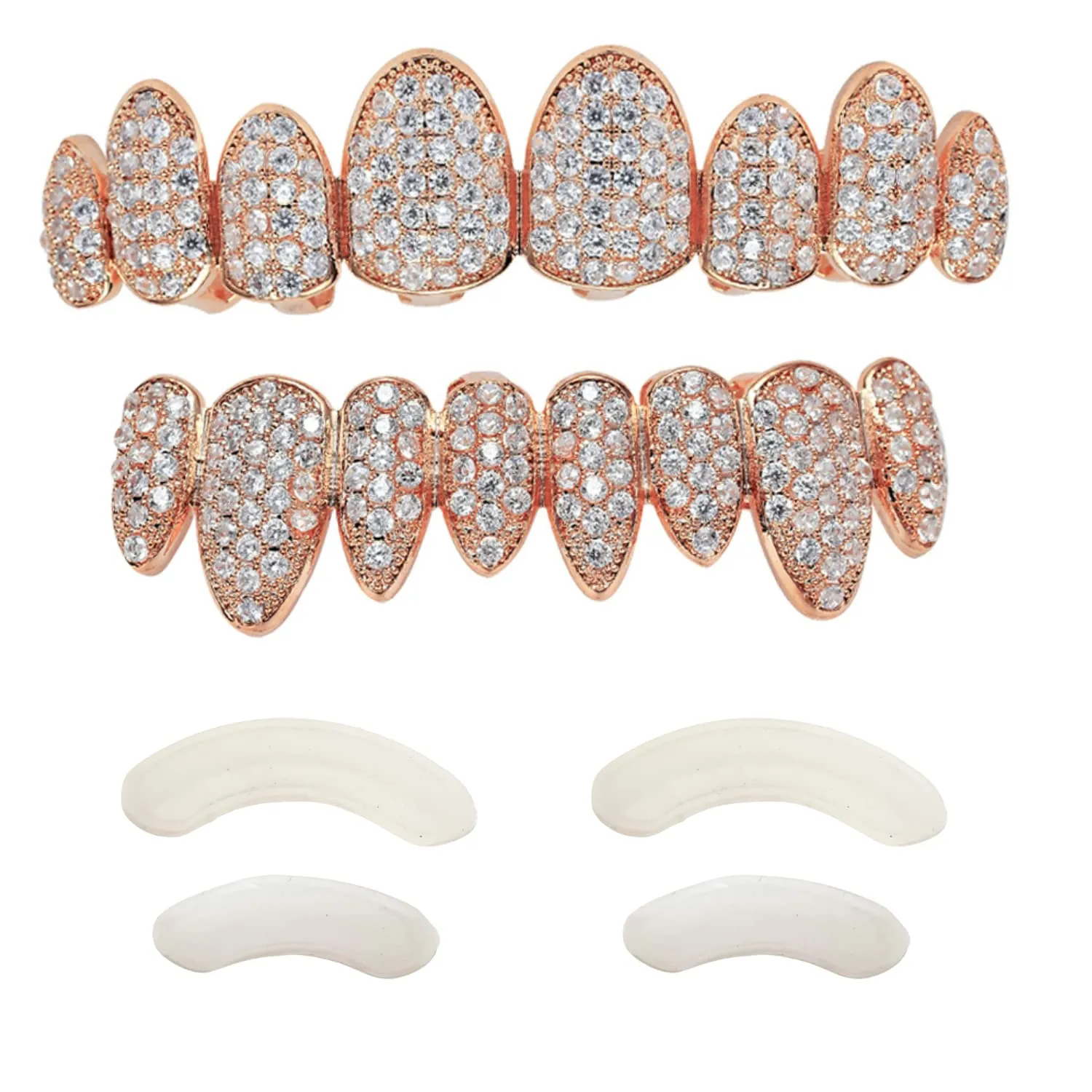TSANLY Gold Grillz - Set di griglie con pavé di denti placcati in oro 24 K, barre di stampaggio extra incluse + custodia + panno in microfibra, Oro, Bronzo - immagine 1