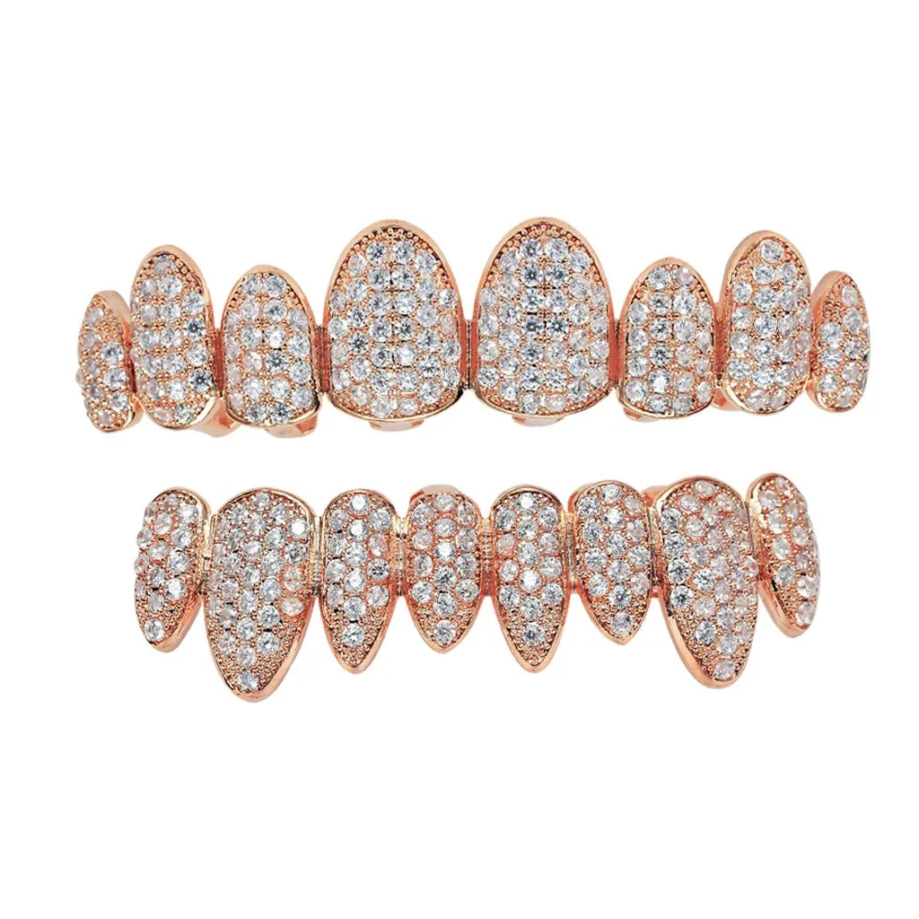 TSANLY Gold Grillz - Set di griglie con pavé di denti placcati in oro 24 K, barre di stampaggio extra incluse + custodia + panno in microfibra, Oro, Bronzo - immagine 2