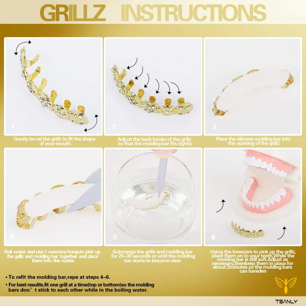 TSANLY Gold Grillz - Set di griglie con pavé di denti placcati in oro 24 K, barre di stampaggio extra incluse + custodia + panno in microfibra, Oro, Bronzo - immagine 3