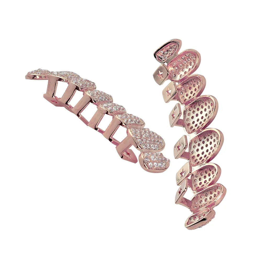 TSANLY Gold Grillz - Set di griglie con pavé di denti placcati in oro 24 K, barre di stampaggio extra incluse + custodia + panno in microfibra, Oro, Bronzo - immagine 5
