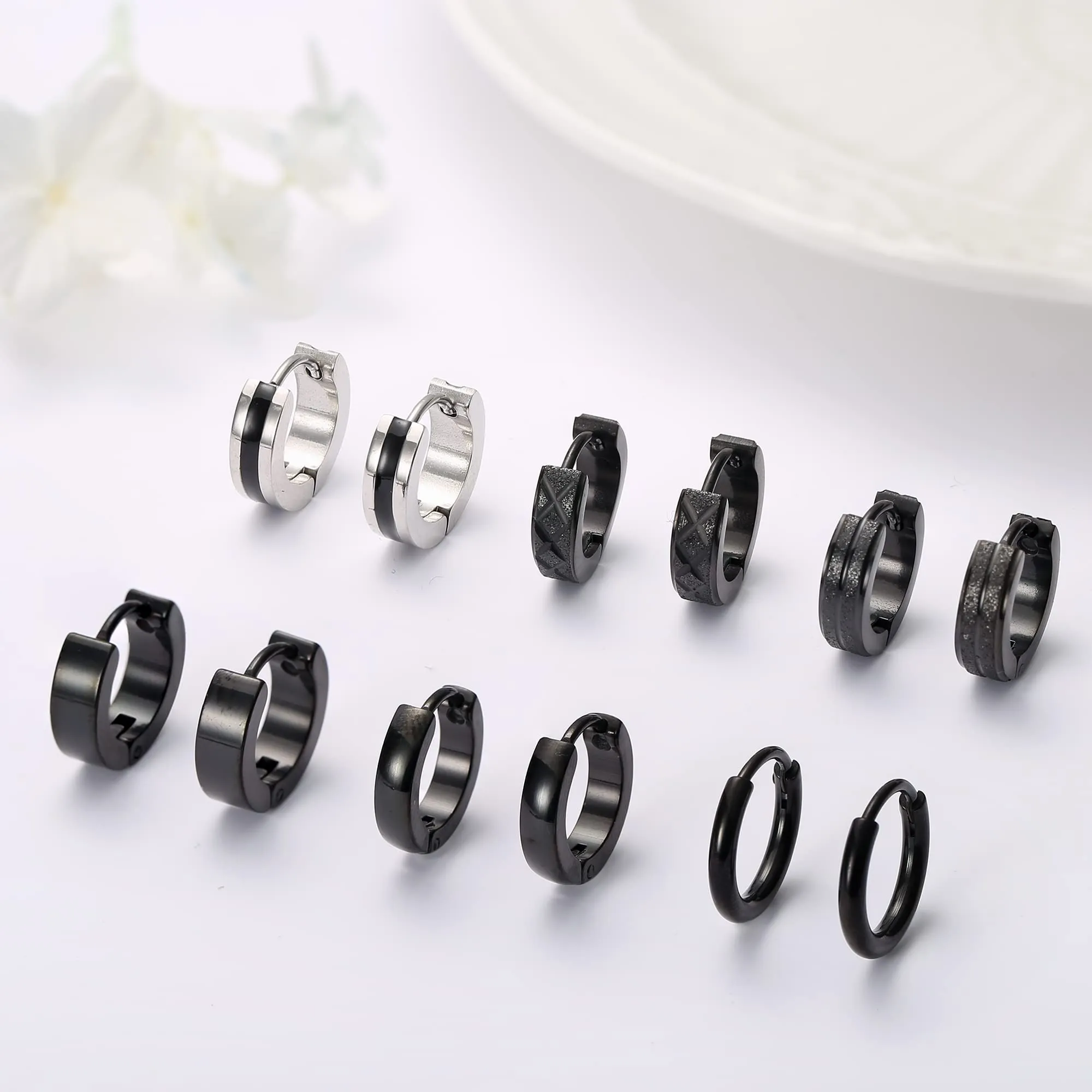 Adramata 6 Coppie Orecchini Orecchino Cerchio Acciaio Chirurgico Set Punk Uomo Cartilage Helix Piercing Orecchini Cerchio Piccoli Nero Uomo Donna - immagine 3