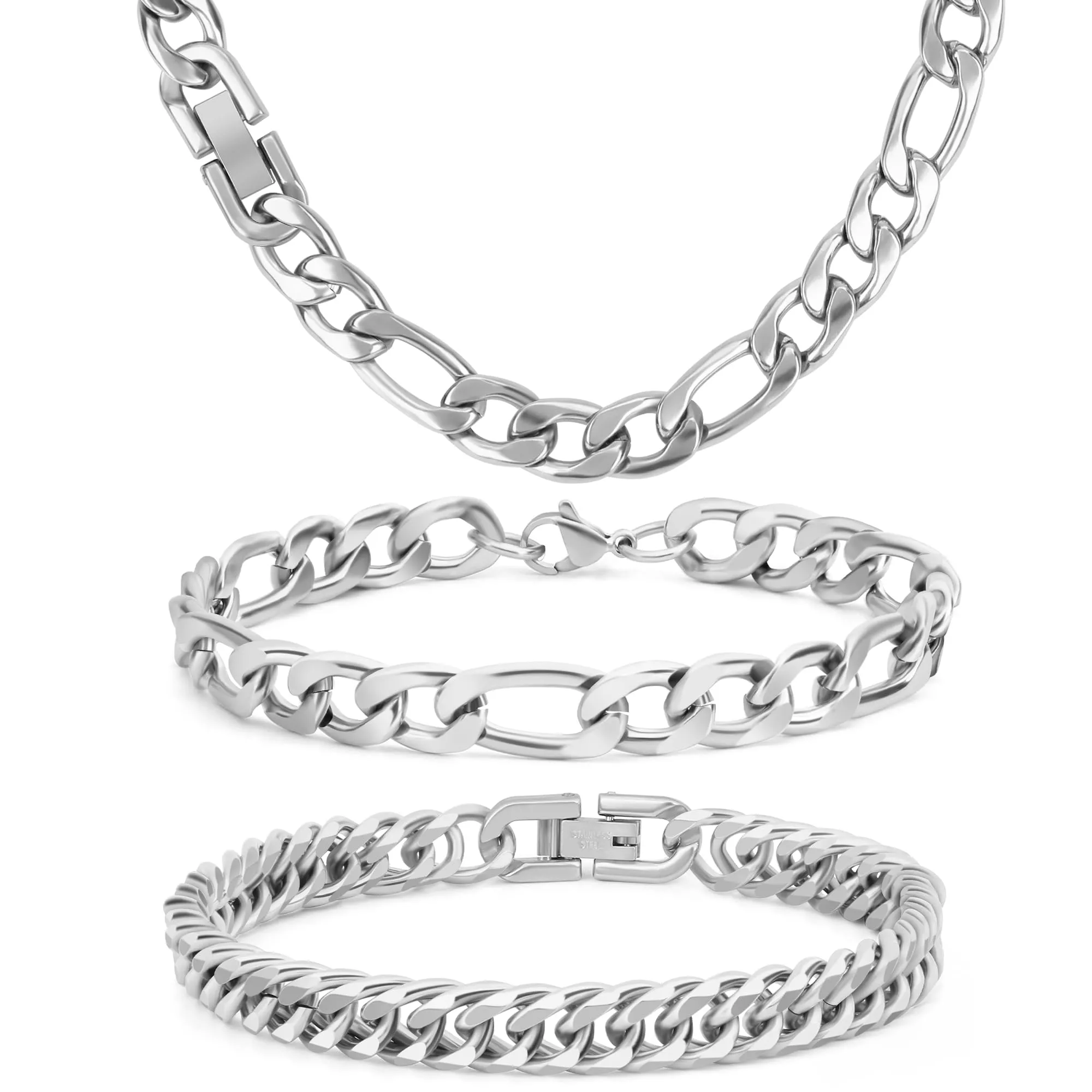 Aospkle Set di 3 collane ro, braccialetti cubani in acciaio inossidabile 316L, in acciaio inossidabile 316L, con biglietto regalo da 8 mm, 7/8/9 pollici, Bracelet width:8 inches, Acciaio - immagine 1