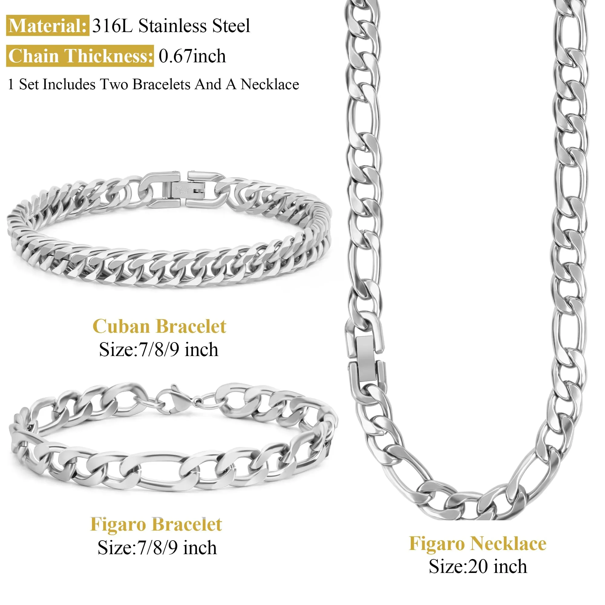 Aospkle Set di 3 collane ro, braccialetti cubani in acciaio inossidabile 316L, in acciaio inossidabile 316L, con biglietto regalo da 8 mm, 7/8/9 pollici, Bracelet width:8 inches, Acciaio - immagine 2