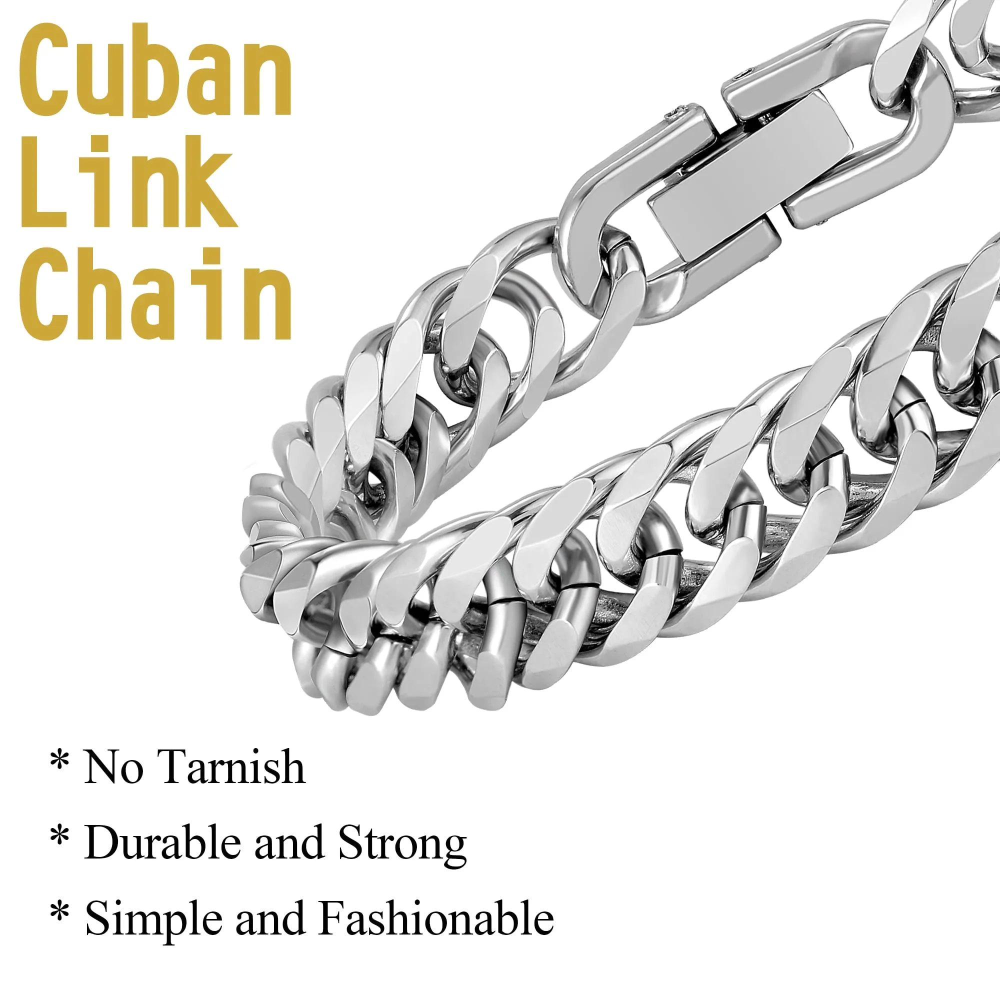 Aospkle Set di 3 collane ro, braccialetti cubani in acciaio inossidabile 316L, in acciaio inossidabile 316L, con biglietto regalo da 8 mm, 7/8/9 pollici, Bracelet width:8 inches, Acciaio - immagine 3