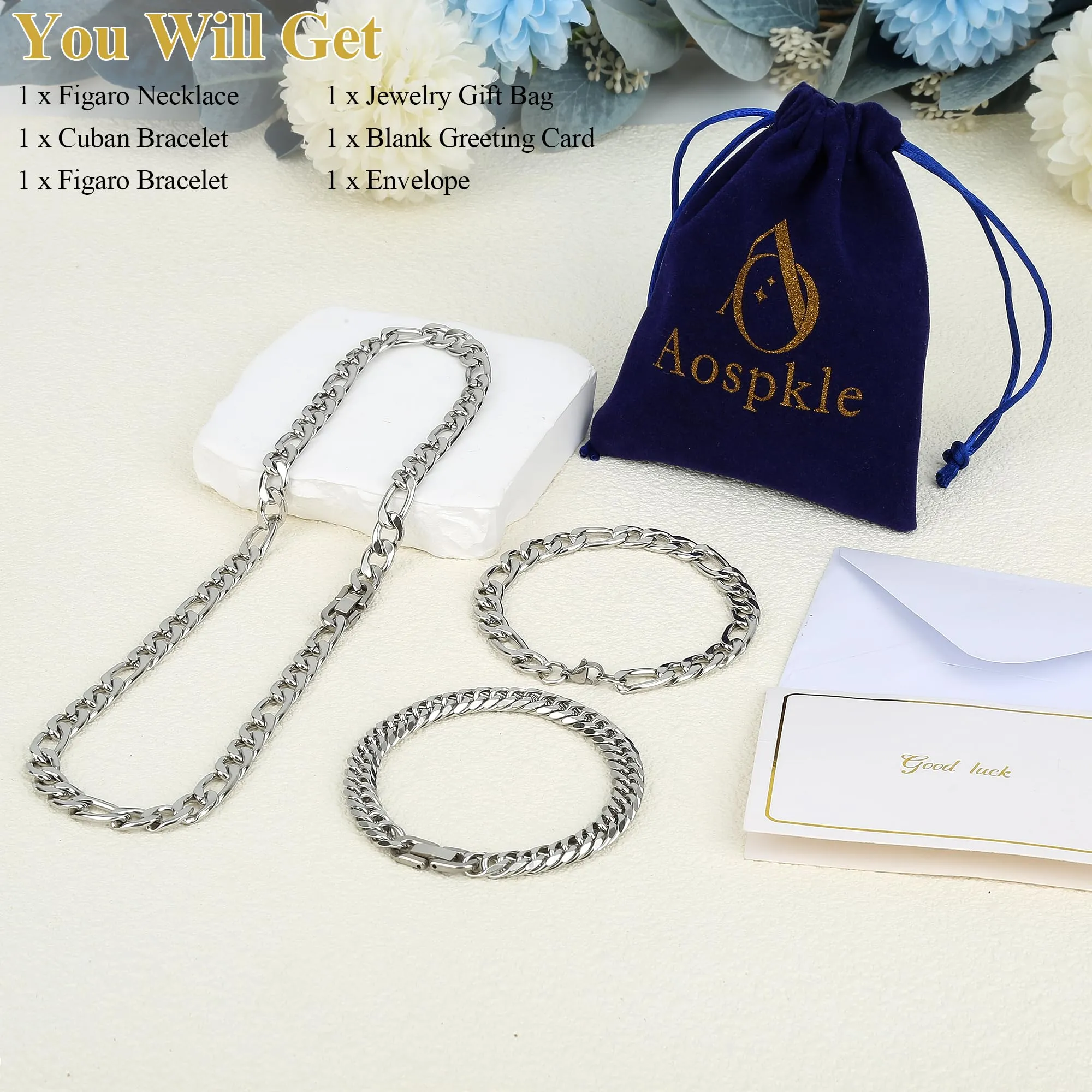Aospkle Set di 3 collane ro, braccialetti cubani in acciaio inossidabile 316L, in acciaio inossidabile 316L, con biglietto regalo da 8 mm, 7/8/9 pollici, Bracelet width:8 inches, Acciaio - immagine 4