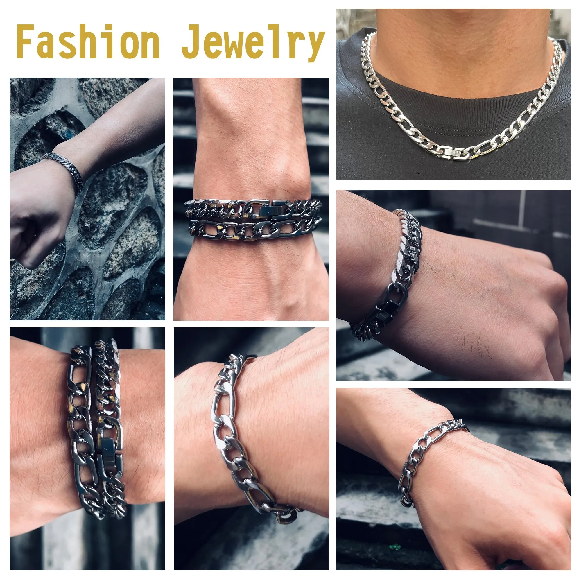Aospkle Set di 3 collane ro, braccialetti cubani in acciaio inossidabile 316L, in acciaio inossidabile 316L, con biglietto regalo da 8 mm, 7/8/9 pollici, Bracelet width:8 inches, Acciaio - immagine 5