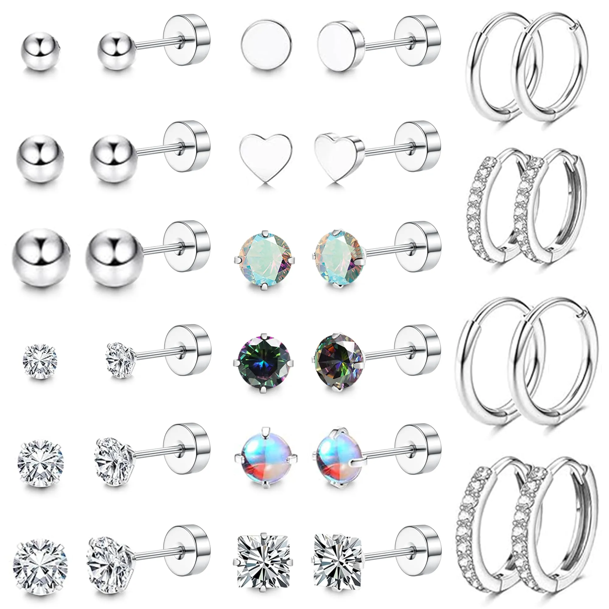 LOFITOR 16 Paia Orecchini Base Piatta Acciaio Chirurgico, Ipoallergenici per Cartilagine Orecchie Sensibili, Piccoli Huggie, CZ Sfera, Set Stud per Uomo Donna Argenteo - immagine 1