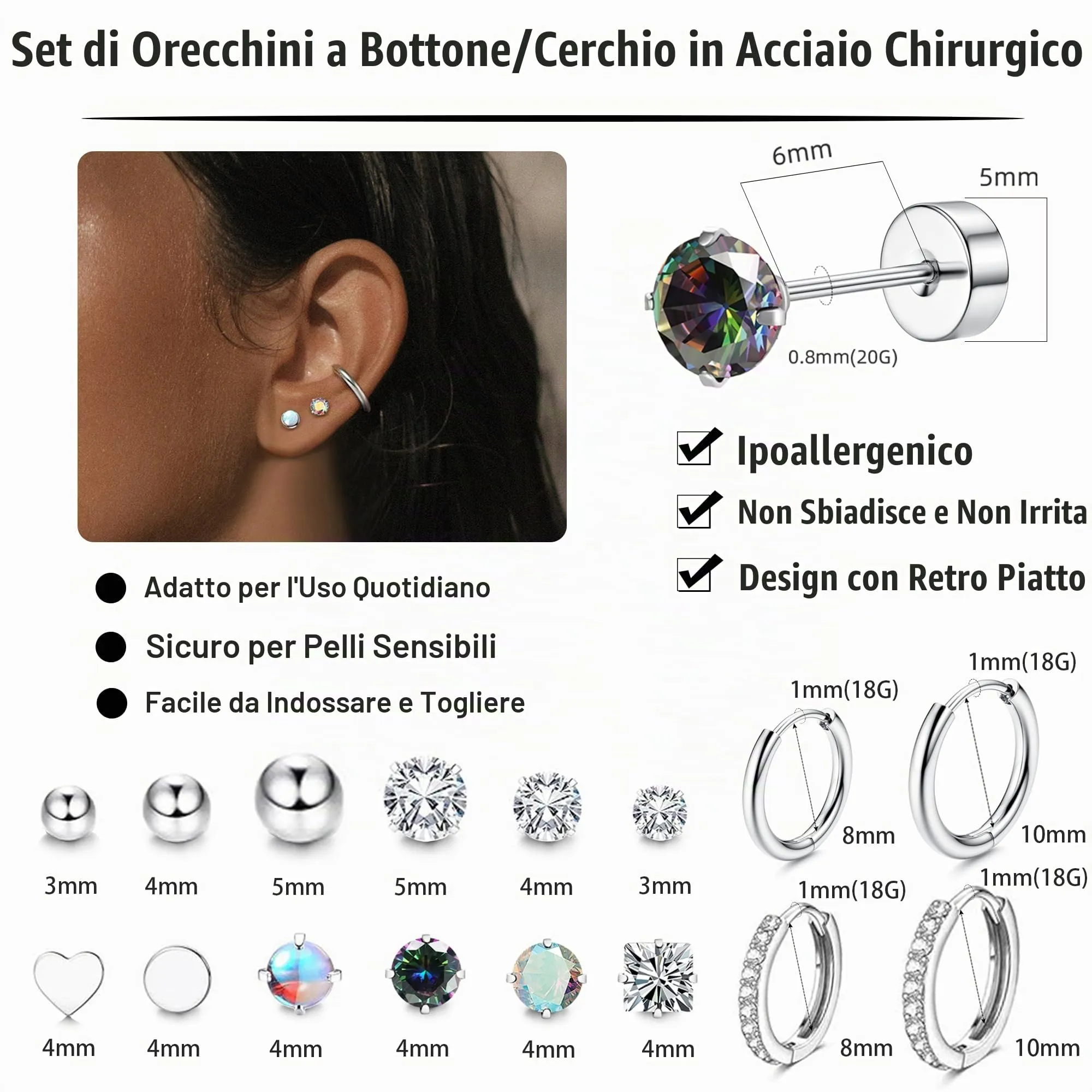 LOFITOR 16 Paia Orecchini Base Piatta Acciaio Chirurgico, Ipoallergenici per Cartilagine Orecchie Sensibili, Piccoli Huggie, CZ Sfera, Set Stud per Uomo Donna Argenteo - immagine 4