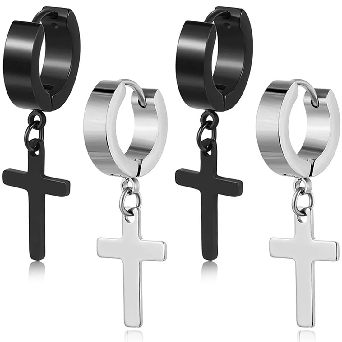 AFCJLTO 2 Paia Acciaio Chirurgico Orecchini per Uomo Donna Orecchini a Cerchio Pendente Croce Orecchini Pendenti con Croce Piercing Cartilage Orecchini Set Punk Orecchino(Nero,argenteo) - immagine 1
