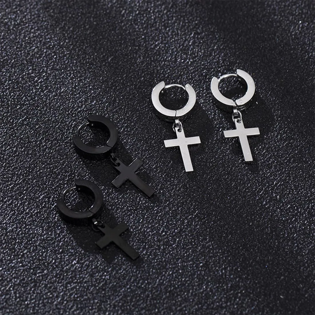 AFCJLTO 2 Paia Acciaio Chirurgico Orecchini per Uomo Donna Orecchini a Cerchio Pendente Croce Orecchini Pendenti con Croce Piercing Cartilage Orecchini Set Punk Orecchino(Nero,argenteo) - immagine 2