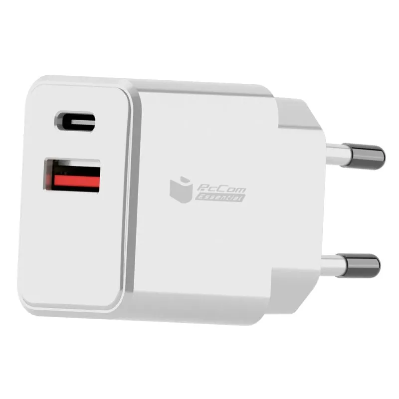 Caricatore USB-C PcCom Essential 20W + USB Quick Charge 3.0 Bianco - immagine 1