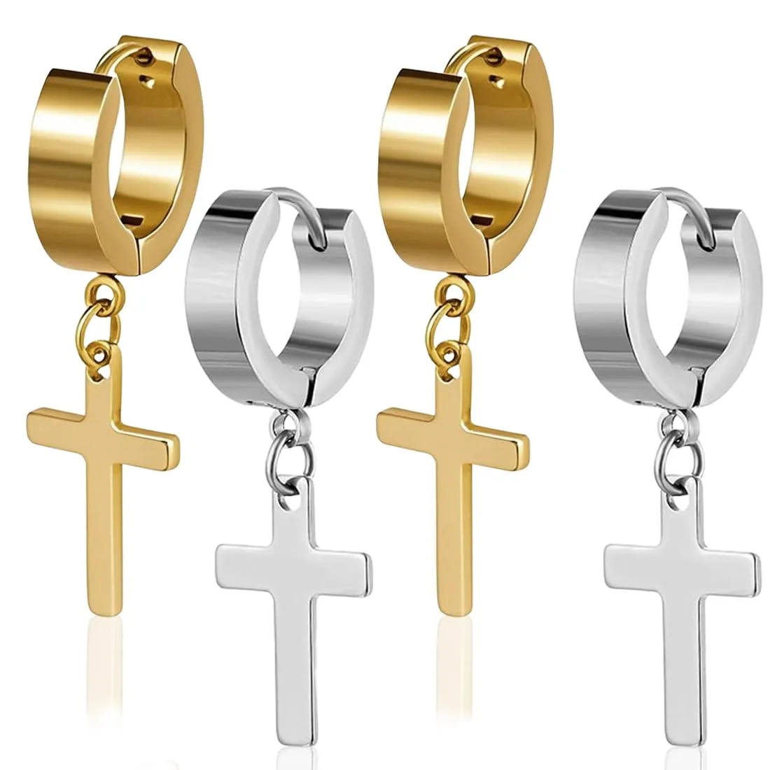 AFCJLTO 2 paia di orecchini a cerchio a forma di croce, in acciaio inox, orecchini a croce, orecchini classici con crocifisso, per uomo e donna (oro, argento) - immagine 1