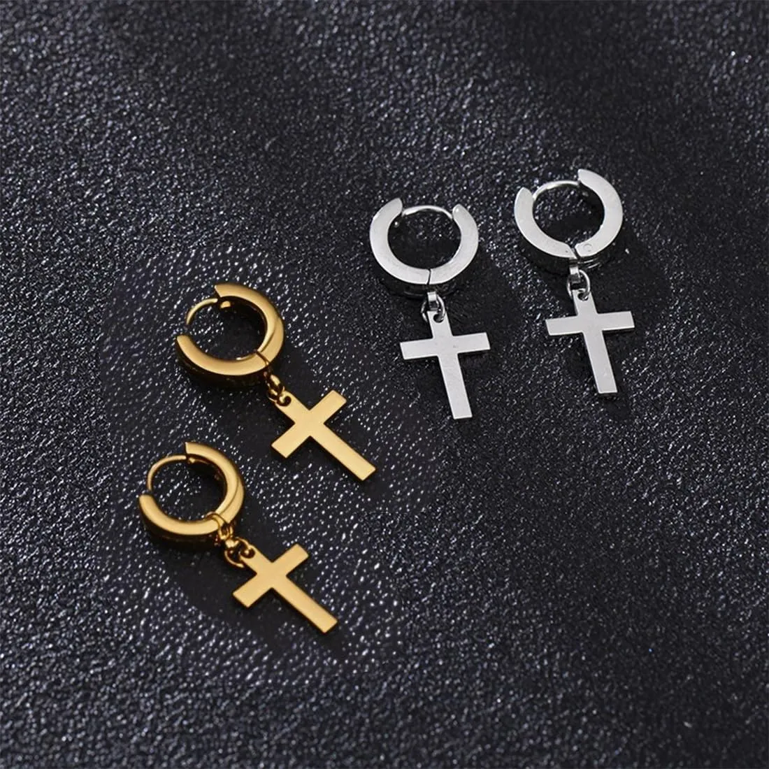 AFCJLTO 2 paia di orecchini a cerchio a forma di croce, in acciaio inox, orecchini a croce, orecchini classici con crocifisso, per uomo e donna (oro, argento) - immagine 2