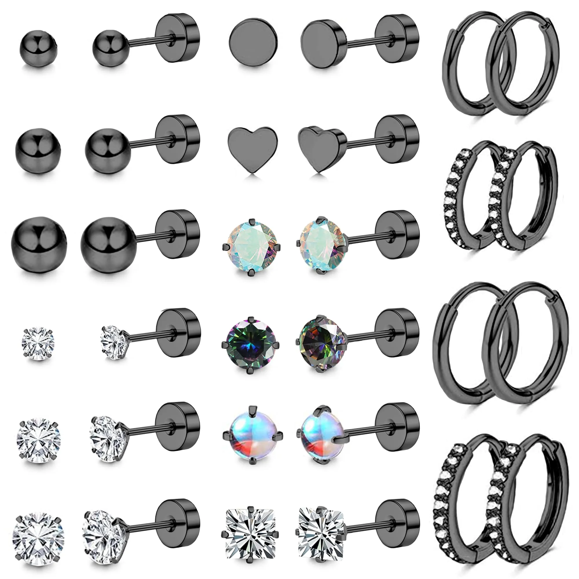 LOFITOR 16 Paia Orecchini Base Piatta Acciaio Chirurgico, Ipoallergenici per Cartilagine Orecchie Sensibili, Piccoli Huggie, CZ Sfera, Set Stud per Uomo Donna Nero - immagine 1