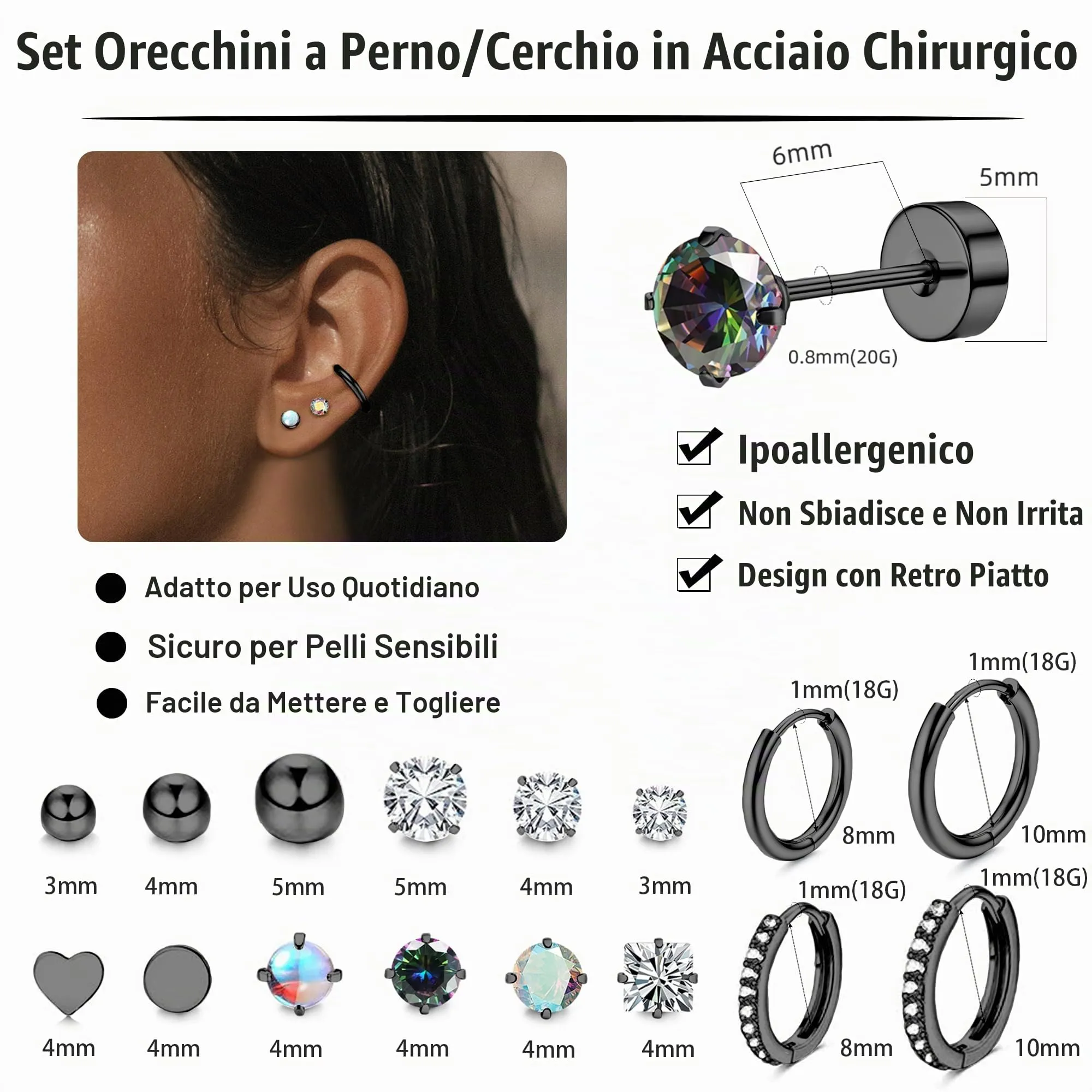 LOFITOR 16 Paia Orecchini Base Piatta Acciaio Chirurgico, Ipoallergenici per Cartilagine Orecchie Sensibili, Piccoli Huggie, CZ Sfera, Set Stud per Uomo Donna Nero - immagine 4