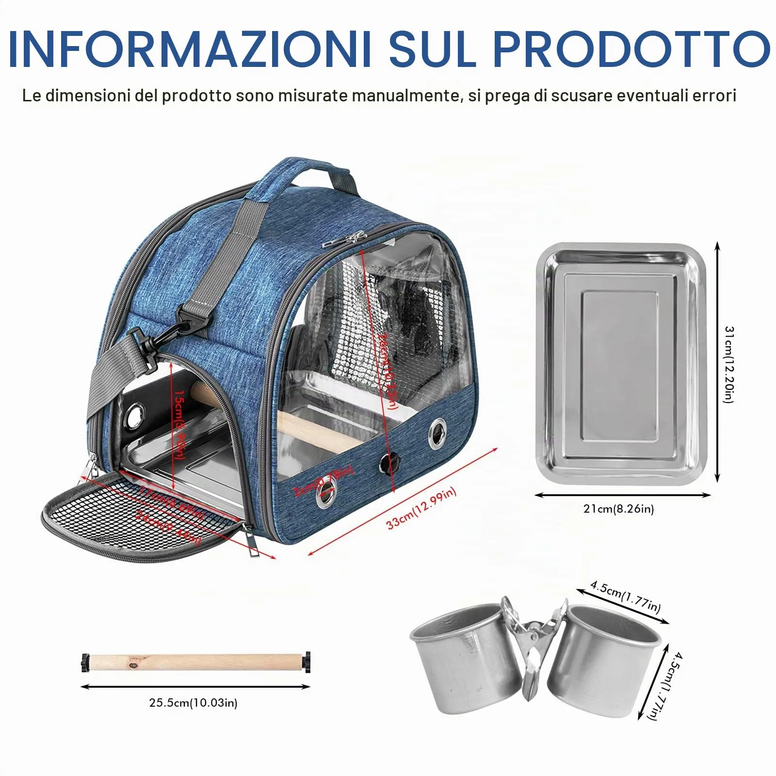 WIYETY Borsa da Trasporto per Uccelli: Zaino per Uccelli con Trespolo e Vassoio in Acciaio Inox, Borsa da Trasporto Leggera e Traspirante, Gabbia da Viaggio per Animali Domestici per Pappagalli - immagine 2