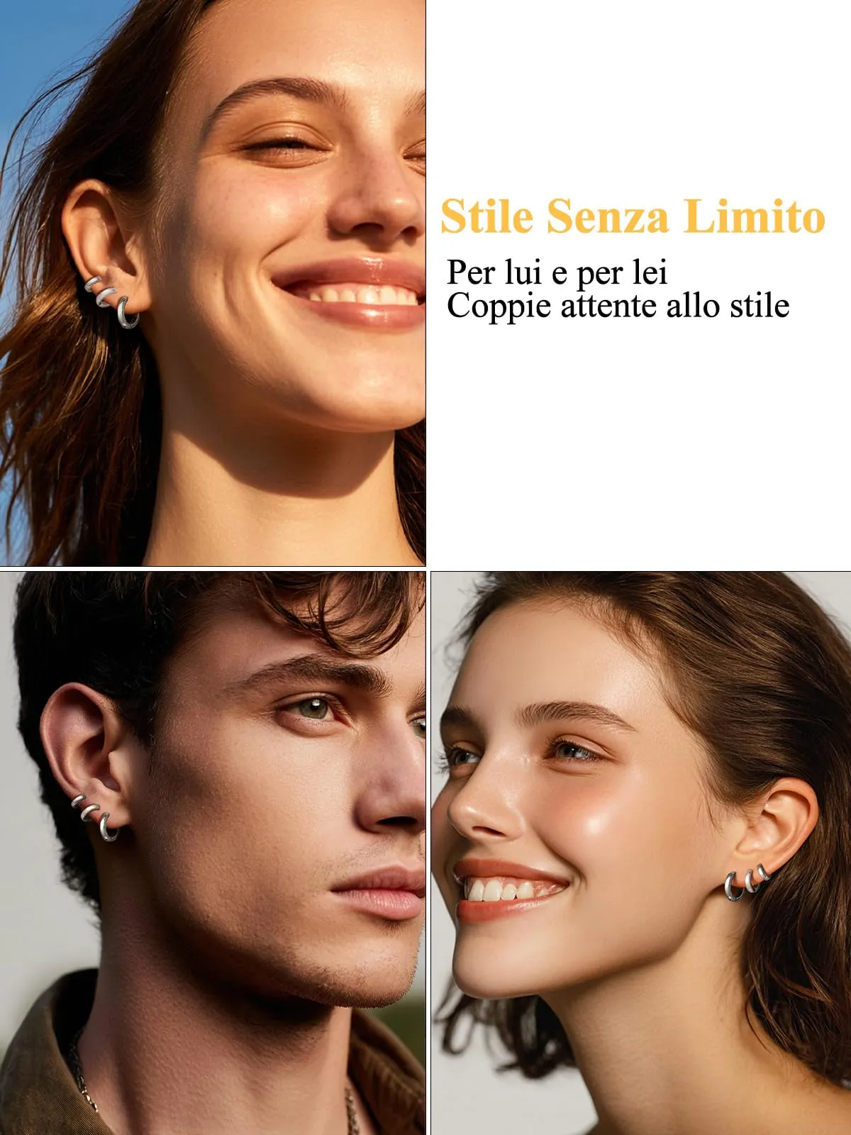 U7 3 Paia Orecchin Cerchio Uomo Donna Acciaio Inox 7mm+9mm+12mm - immagine 2