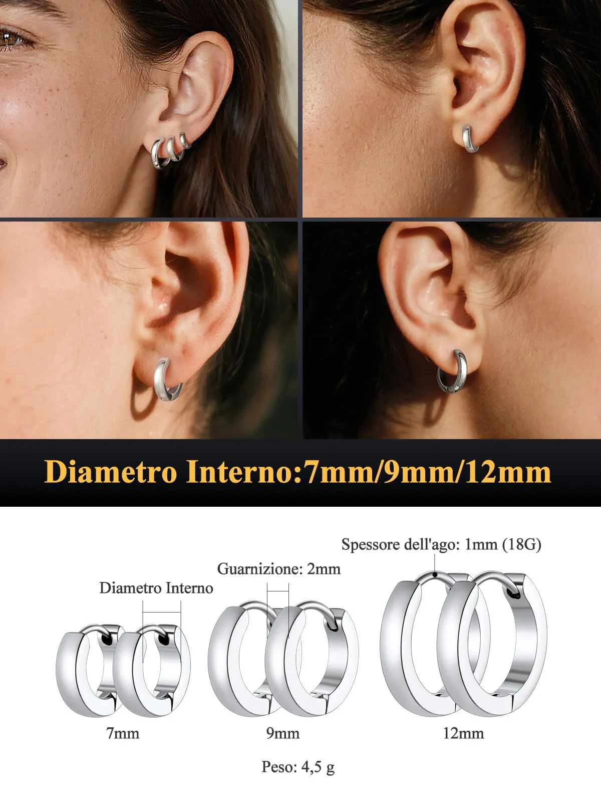 U7 3 Paia Orecchin Cerchio Uomo Donna Acciaio Inox 7mm+9mm+12mm - immagine 5