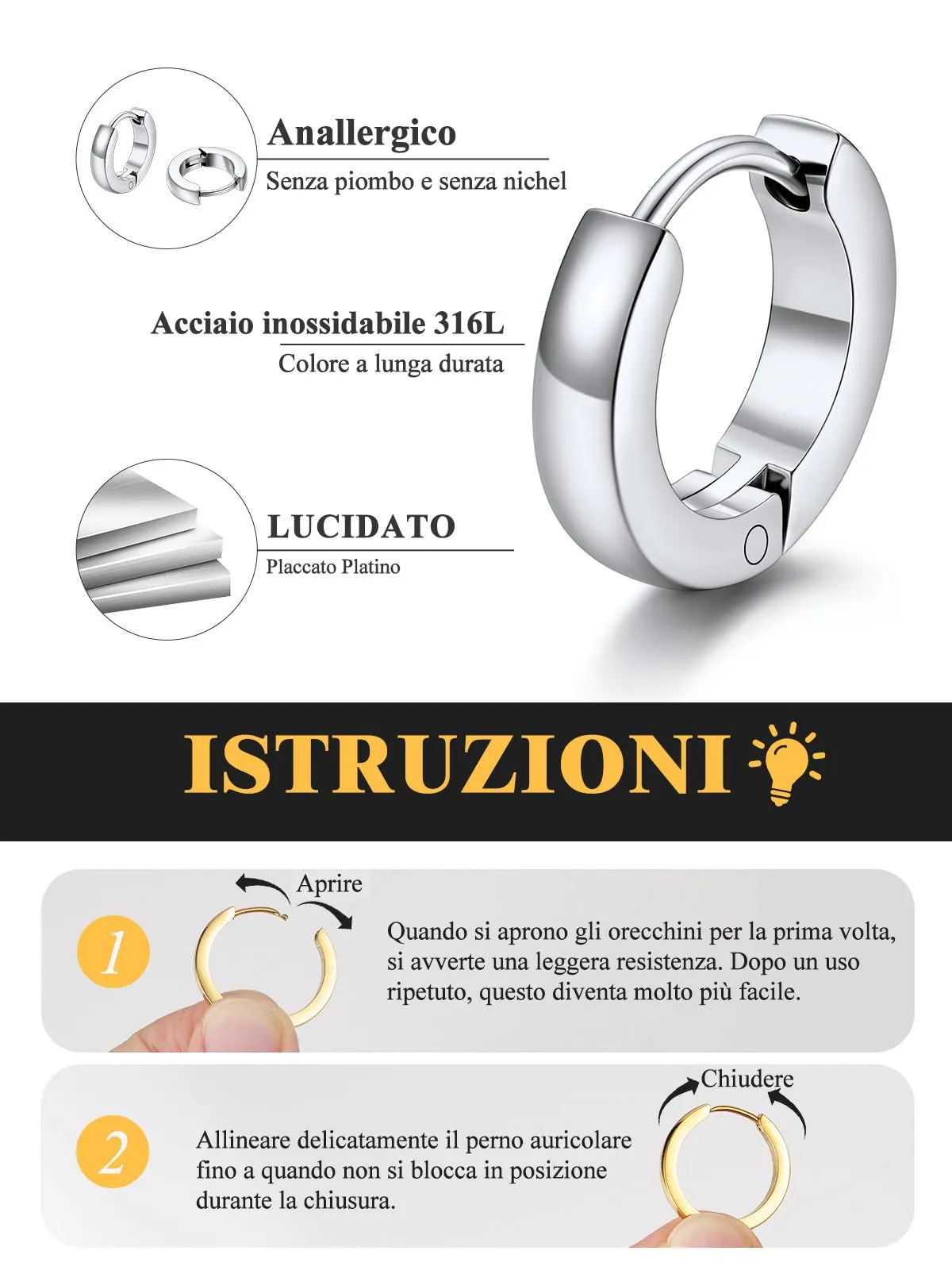 U7 3 Paia Orecchin Cerchio Uomo Donna Acciaio Inox 7mm+9mm+12mm - immagine 6