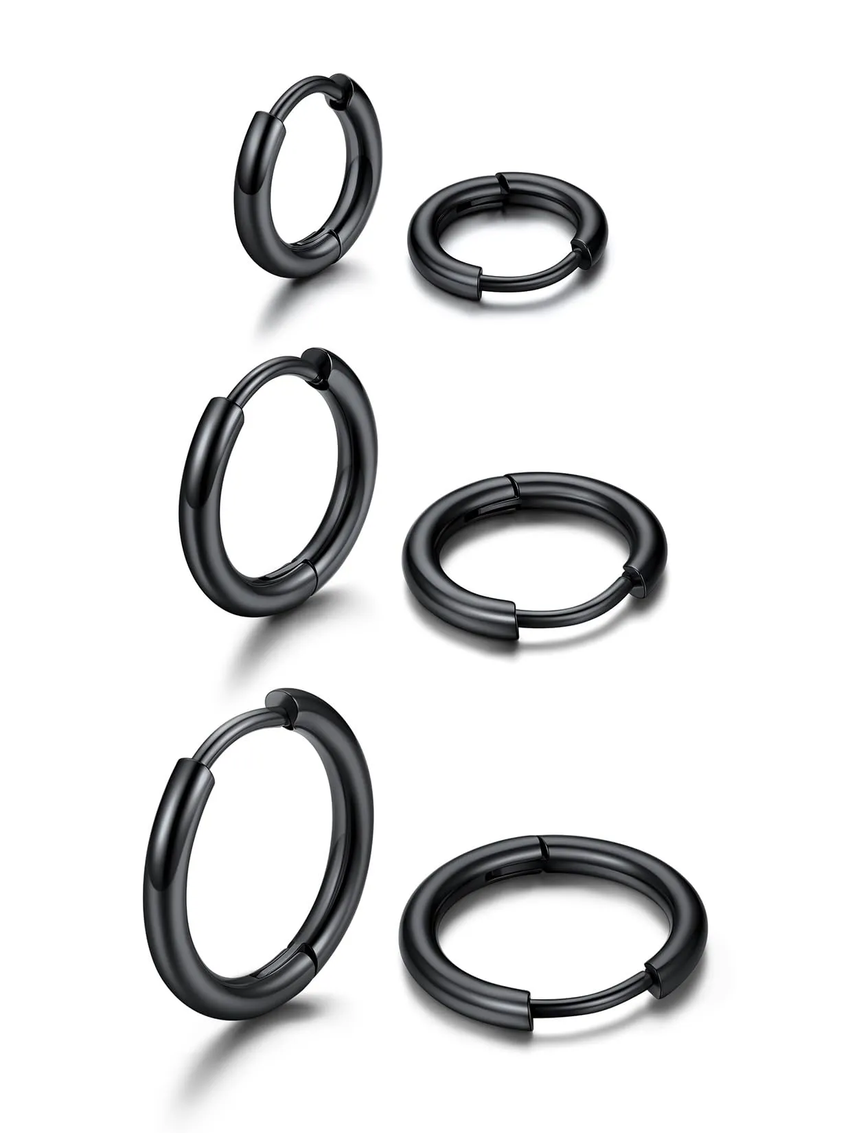 U7 3 Paia Orecchini Donna Cerchio Piccolo Neri Acciaio Inox 8mm+10mm+12mm - immagine 1