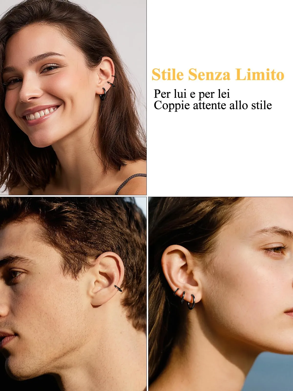U7 3 Paia Orecchini Donna Cerchio Piccolo Neri Acciaio Inox 8mm+10mm+12mm - immagine 2