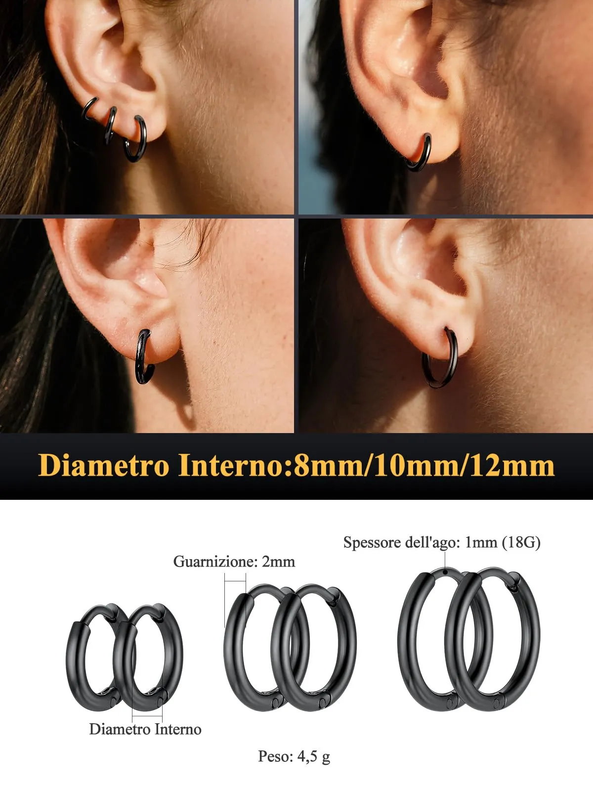 U7 3 Paia Orecchini Donna Cerchio Piccolo Neri Acciaio Inox 8mm+10mm+12mm - immagine 5