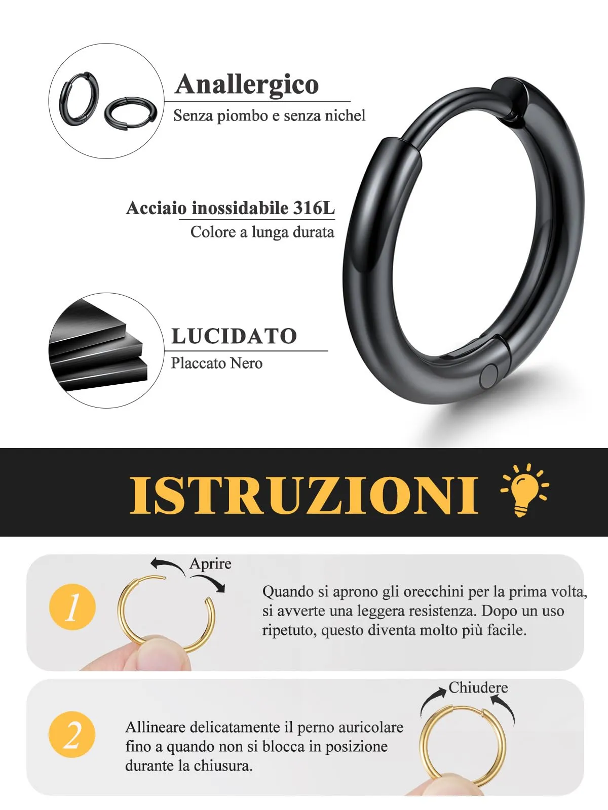 U7 3 Paia Orecchini Donna Cerchio Piccolo Neri Acciaio Inox 8mm+10mm+12mm - immagine 6