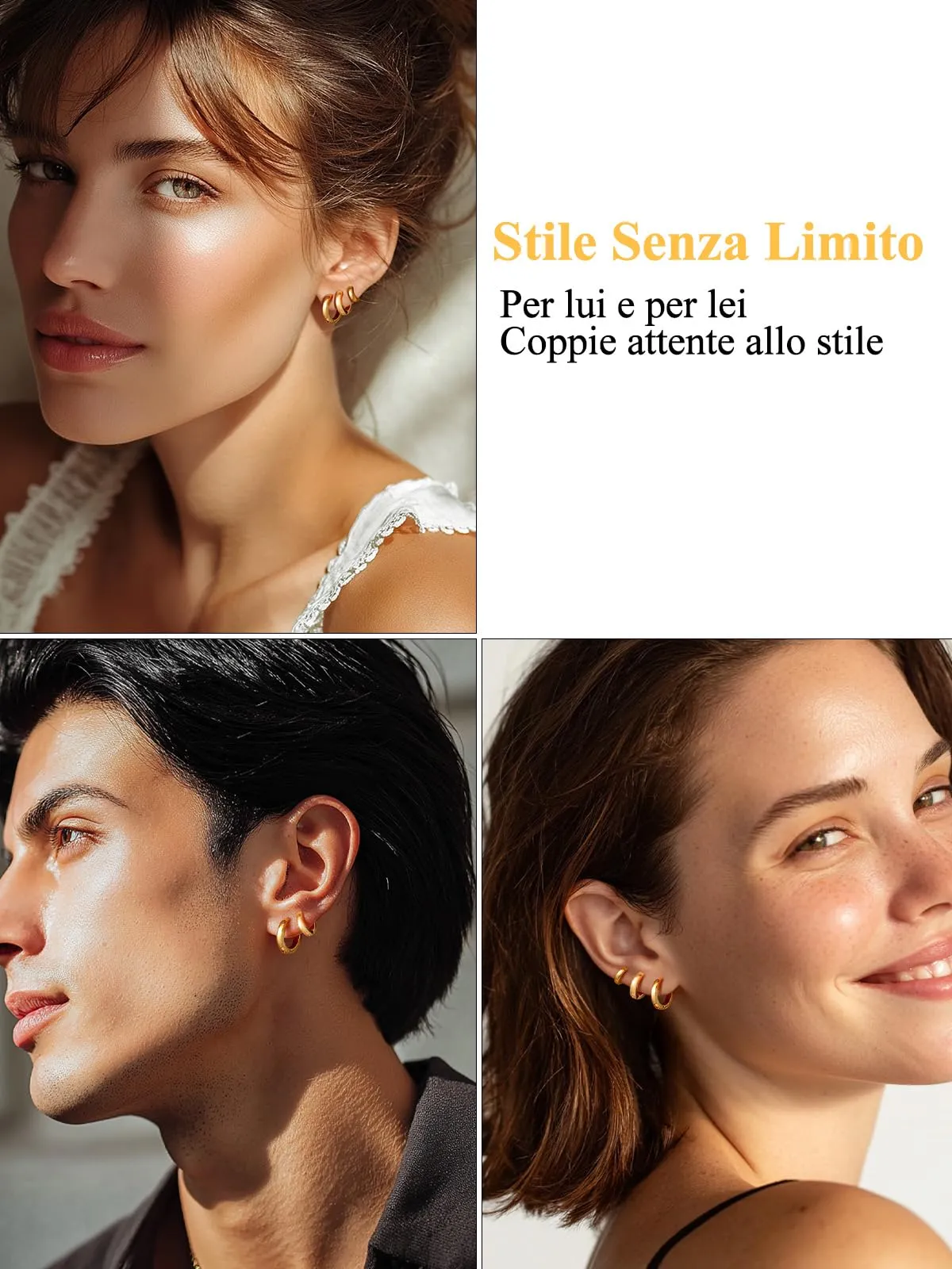 U7 3 Paia Orecchin Cerchio Uomo Donna Oro Acciaio Inox 7mm+9mm+12mm - immagine 2