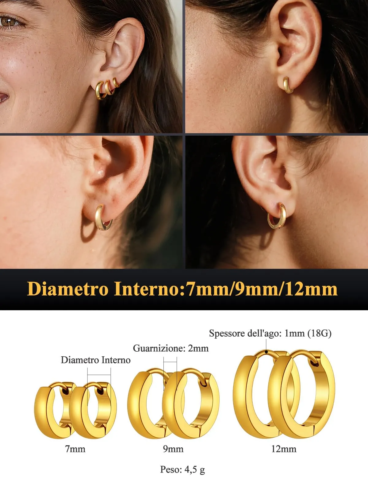 U7 3 Paia Orecchin Cerchio Uomo Donna Oro Acciaio Inox 7mm+9mm+12mm - immagine 5