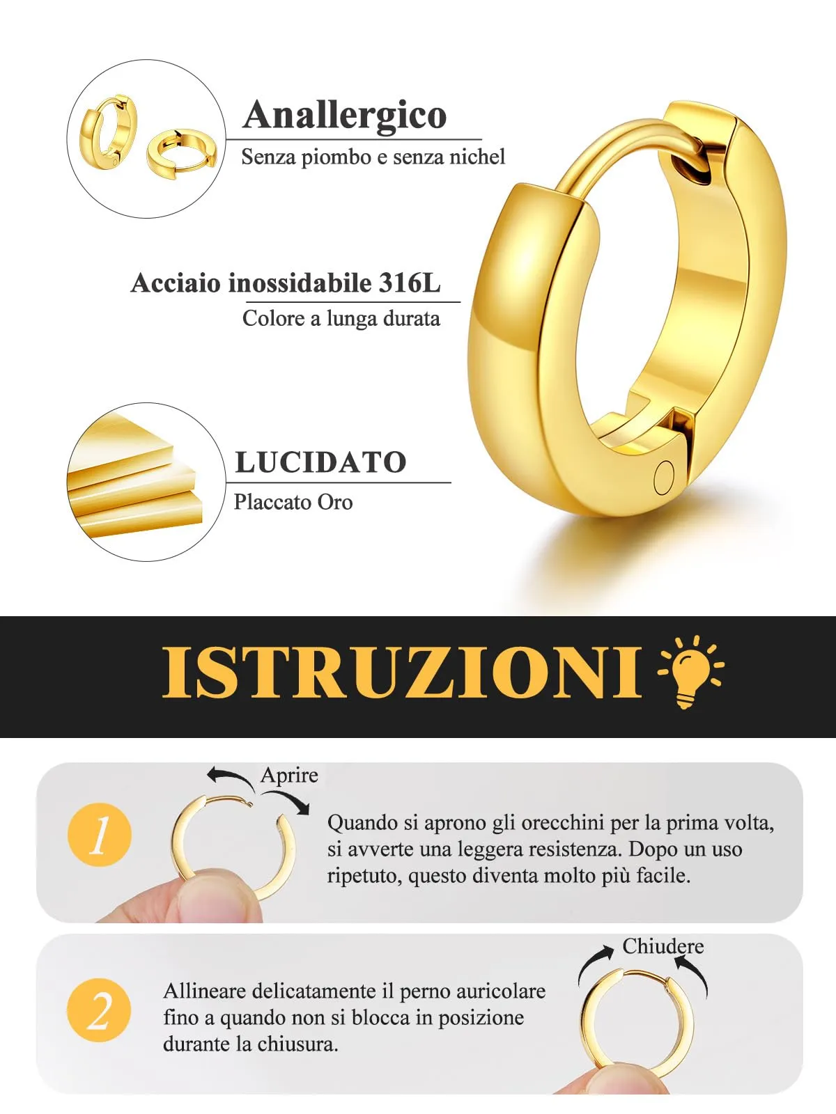 U7 3 Paia Orecchin Cerchio Uomo Donna Oro Acciaio Inox 7mm+9mm+12mm - immagine 6