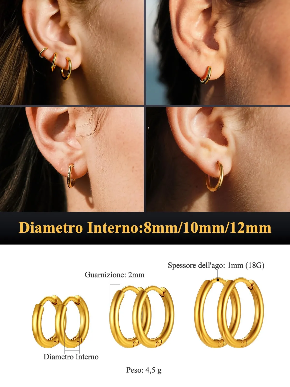 U7 3 Paia Orecchini Donna Cerchio Piccolo Oro Acciaio Inox 8mm+10mm+12mm - immagine 5