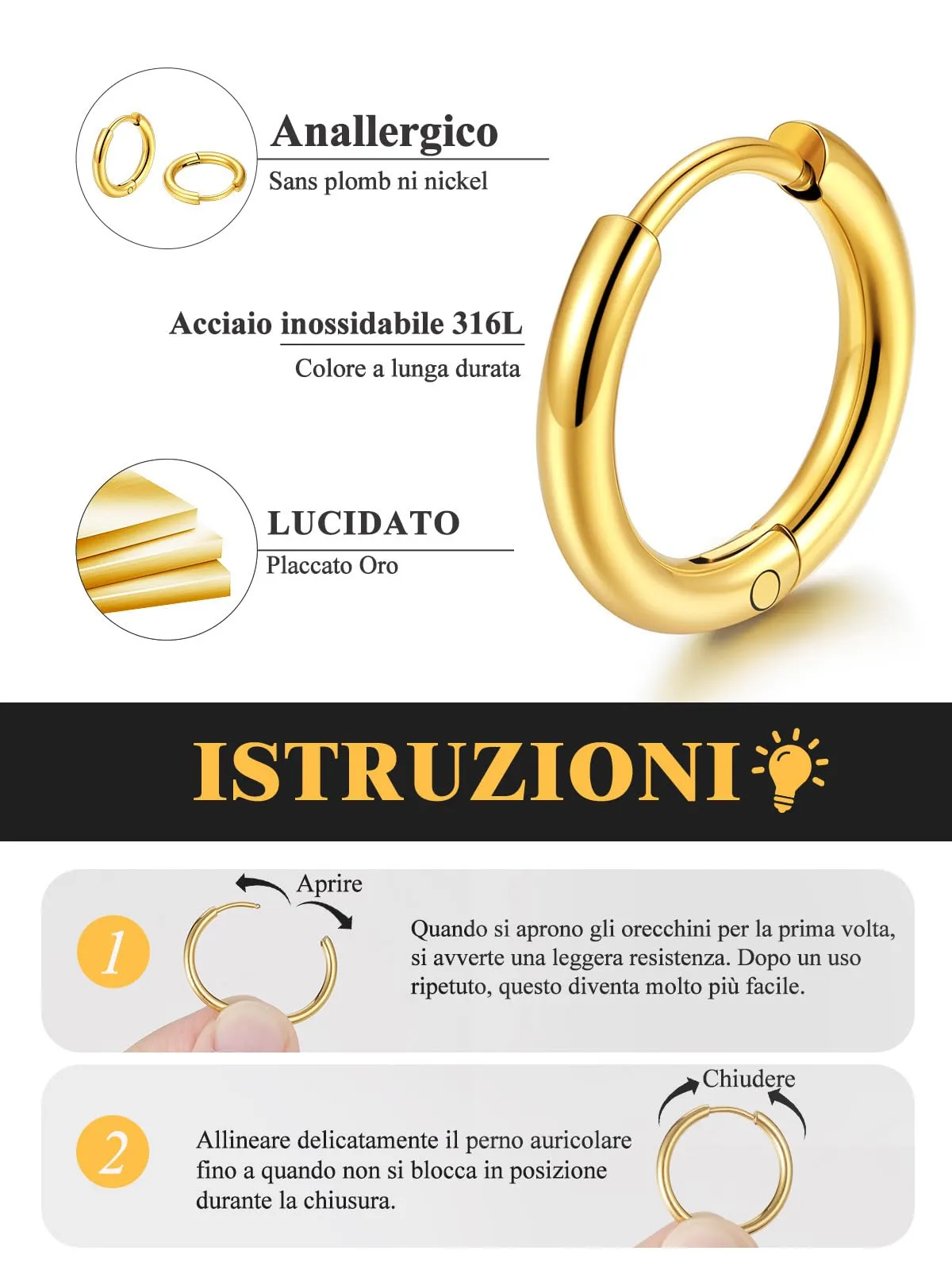 U7 3 Paia Orecchini Donna Cerchio Piccolo Oro Acciaio Inox 8mm+10mm+12mm - immagine 6