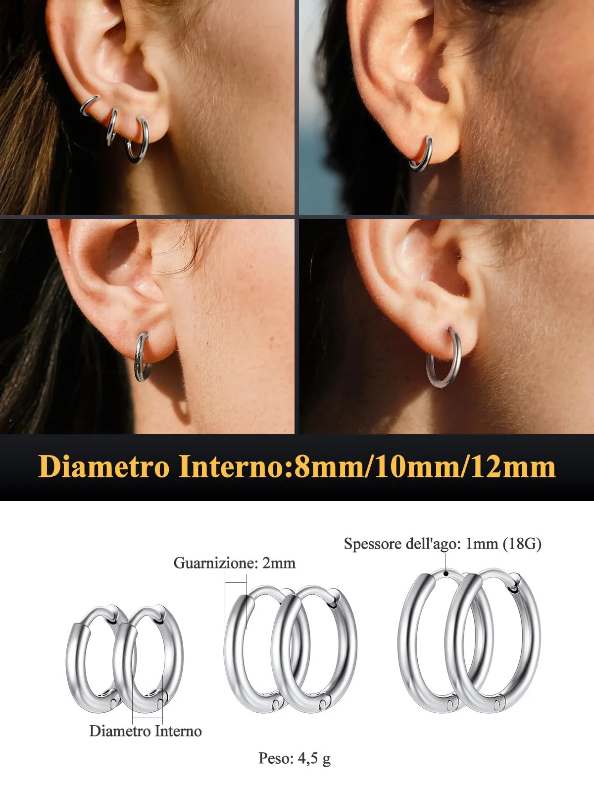 U7 3 Paia Orecchini Donna Cerchio Piccolo Acciaio Inox 8mm+10mm+12mm - immagine 5