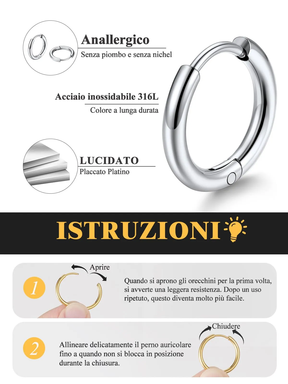 U7 3 Paia Orecchini Donna Cerchio Piccolo Acciaio Inox 8mm+10mm+12mm - immagine 6