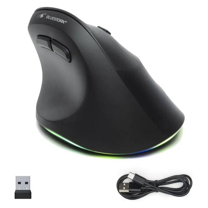 Mouse verticale ergonomico wireless Bluestork Ergo Lumi per mano destra RGB 2400 DPI nero - immagine 1