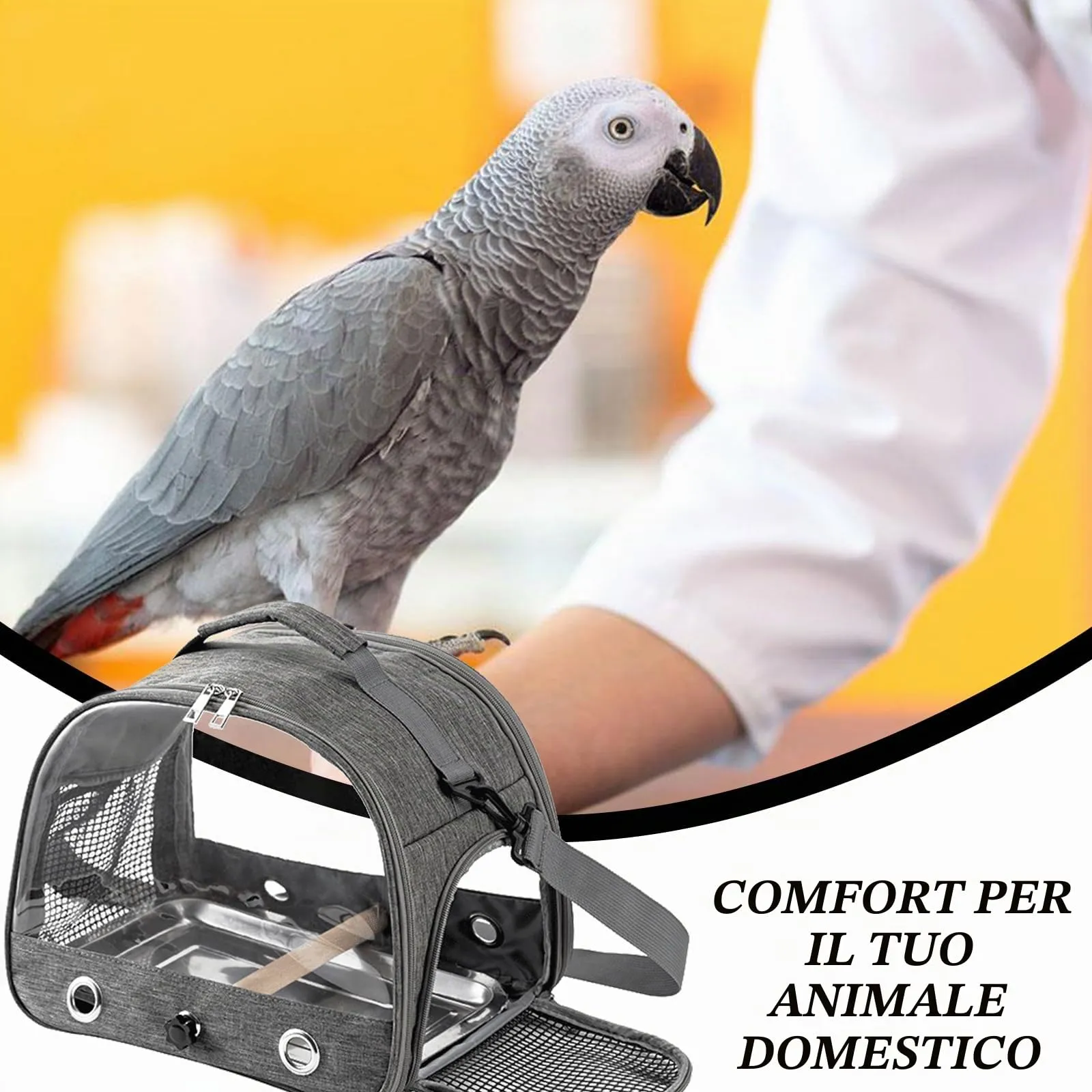WIYETY Scatola di trasporto per uccelli: zaino per uccelli con posatoio e vassoio in acciaio inox, scatola di trasporto leggera e traspirante, gabbia da viaggio per pappagalli e parrocchetti (grigio) - immagine 4