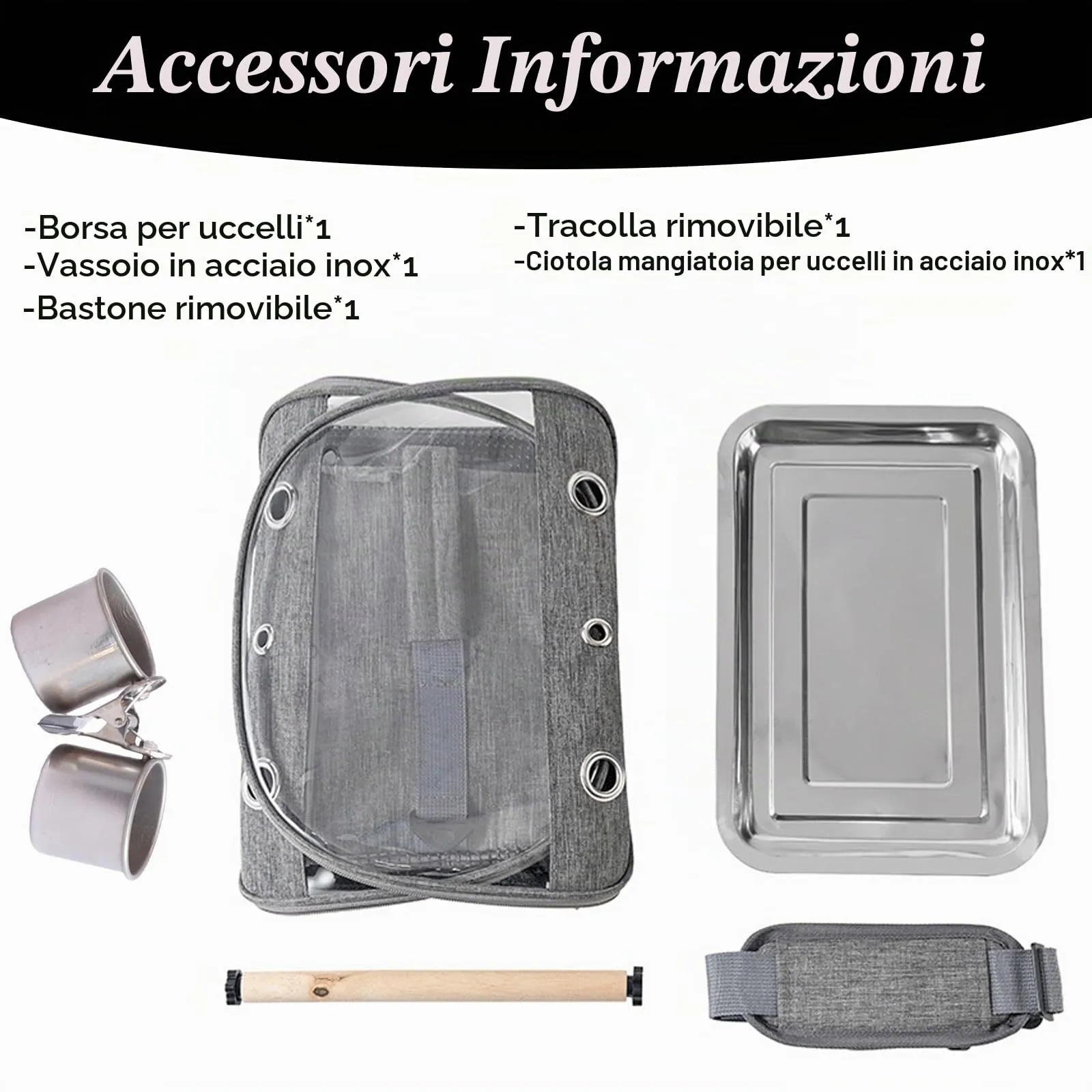 WIYETY Scatola di trasporto per uccelli: zaino per uccelli con posatoio e vassoio in acciaio inox, scatola di trasporto leggera e traspirante, gabbia da viaggio per pappagalli e parrocchetti (grigio) - immagine 5