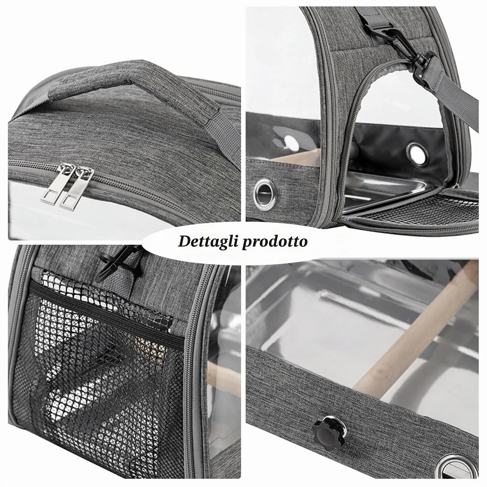 WIYETY Scatola di trasporto per uccelli: zaino per uccelli con posatoio e vassoio in acciaio inox, scatola di trasporto leggera e traspirante, gabbia da viaggio per pappagalli e parrocchetti (grigio) - immagine 6