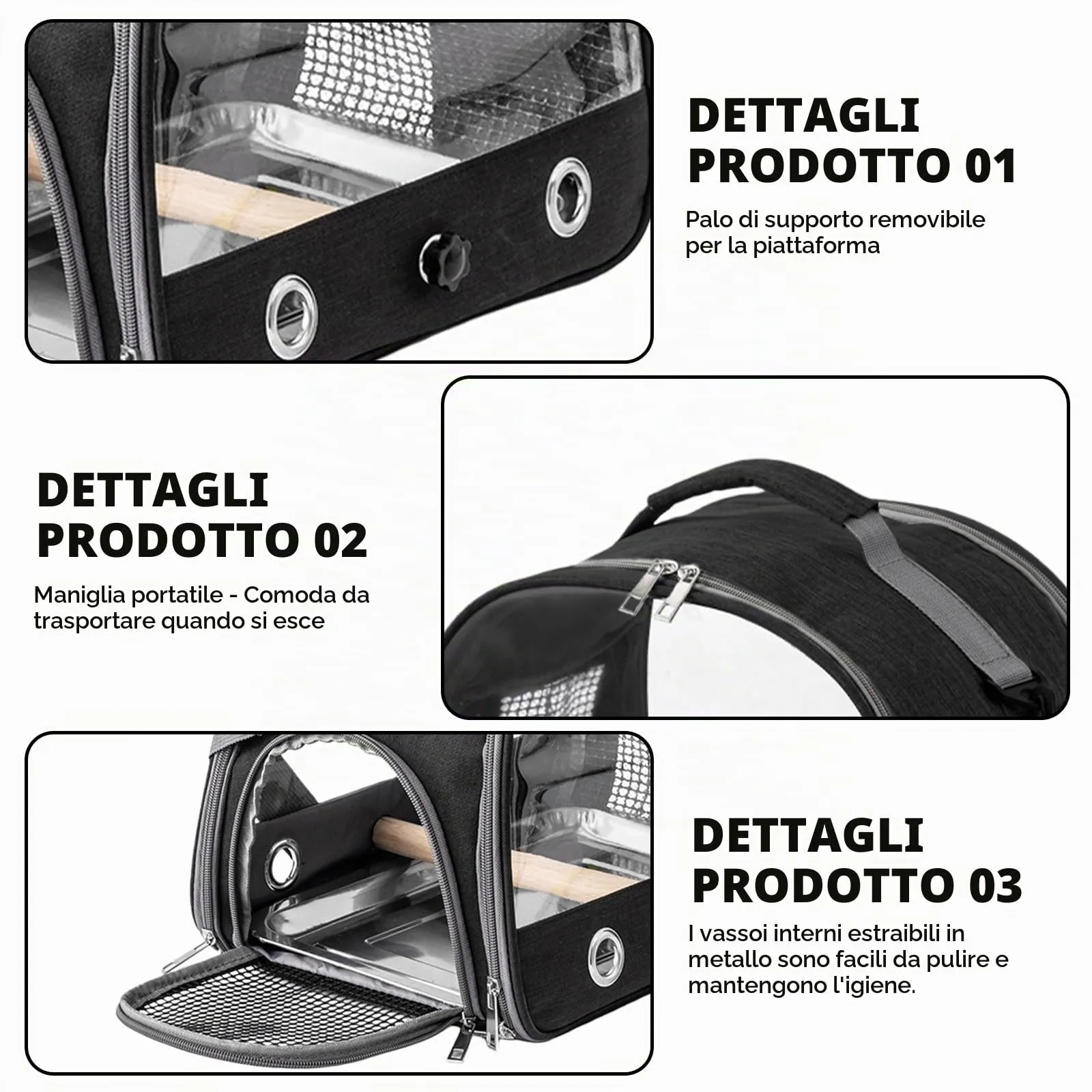 WIYETY Trasportino per uccelli: zaino per uccelli con posatoio e vassoio in acciaio inox, leggero e traspirante, gabbia da viaggio per pappagalli (tipo 3) - immagine 4