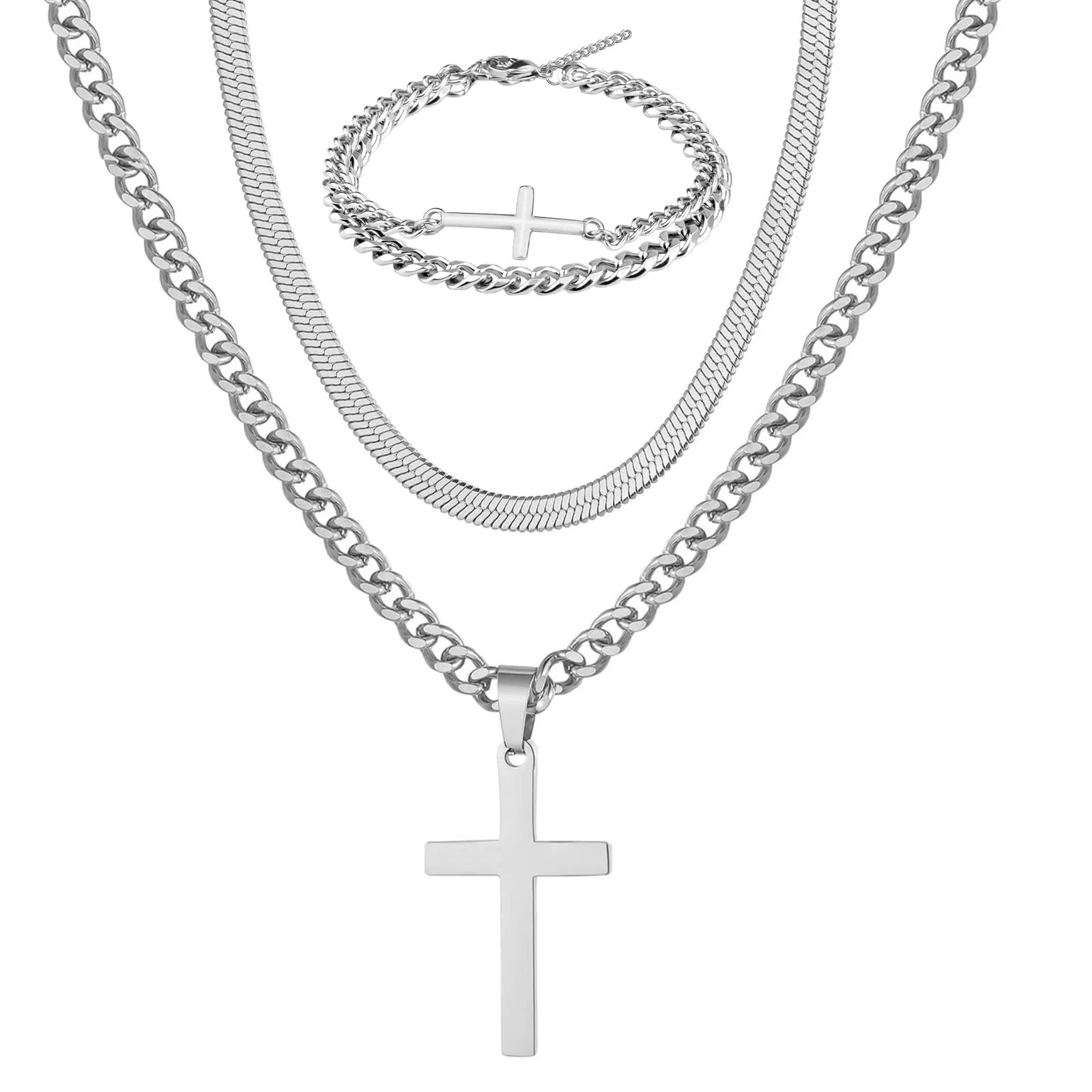 CBMZHF Set di 3 catene da uomo in argento con croce in acciaio inox e bracciale a forma di croce, catena a serpente cubana robusta, collane da uomo, gioielli regalo - immagine 1