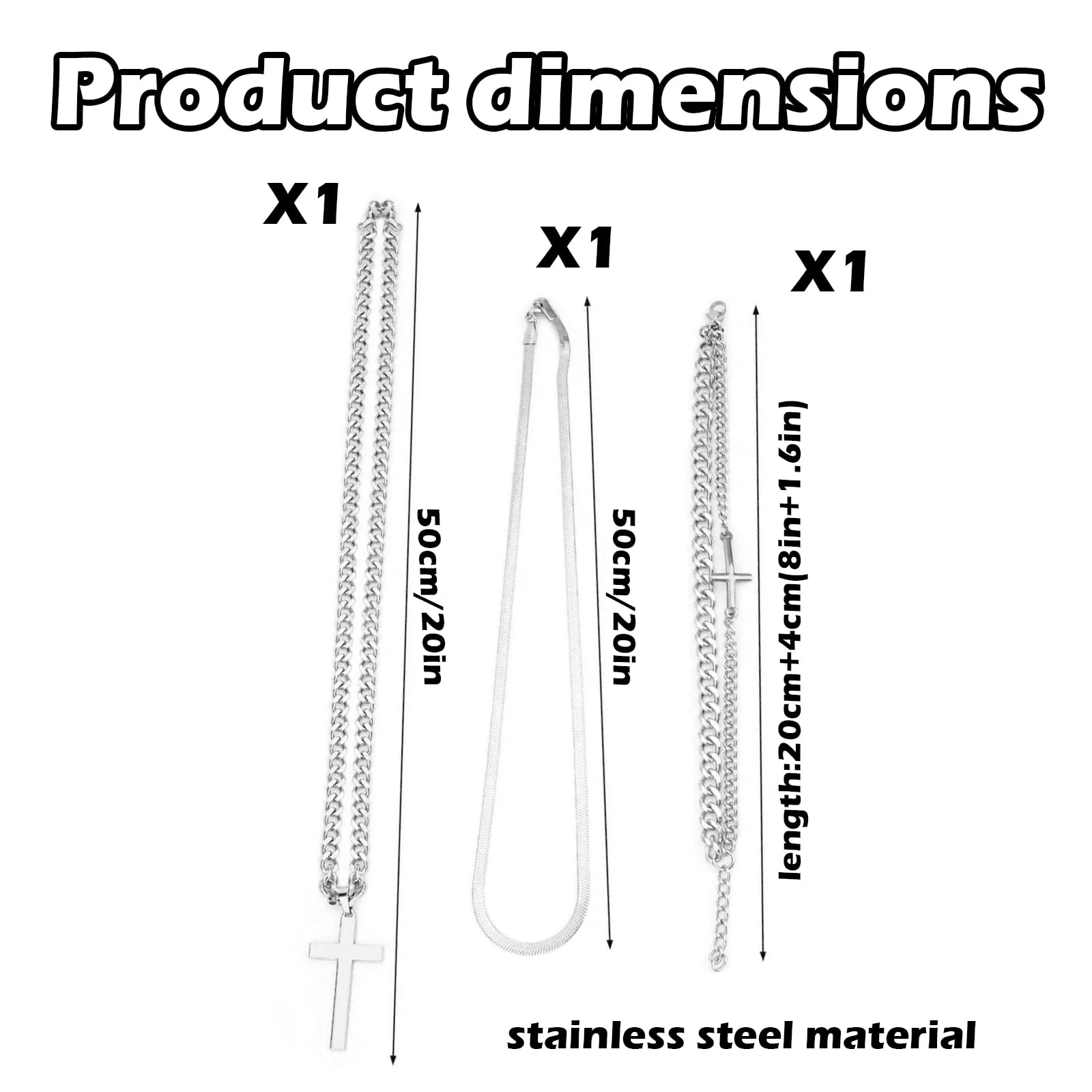 CBMZHF Set di 3 catene da uomo in argento con croce in acciaio inox e bracciale a forma di croce, catena a serpente cubana robusta, collane da uomo, gioielli regalo - immagine 2