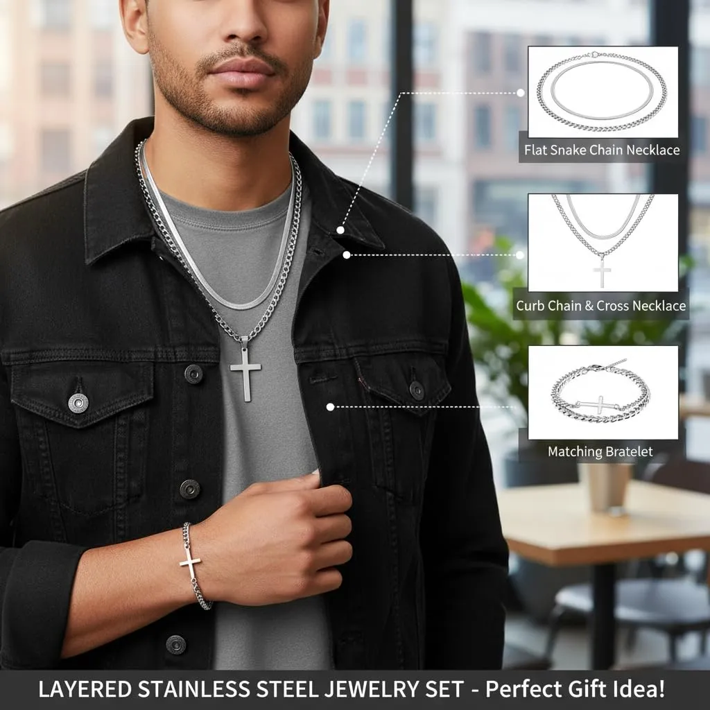 CBMZHF Set di 3 catene da uomo in argento con croce in acciaio inox e bracciale a forma di croce, catena a serpente cubana robusta, collane da uomo, gioielli regalo - immagine 5